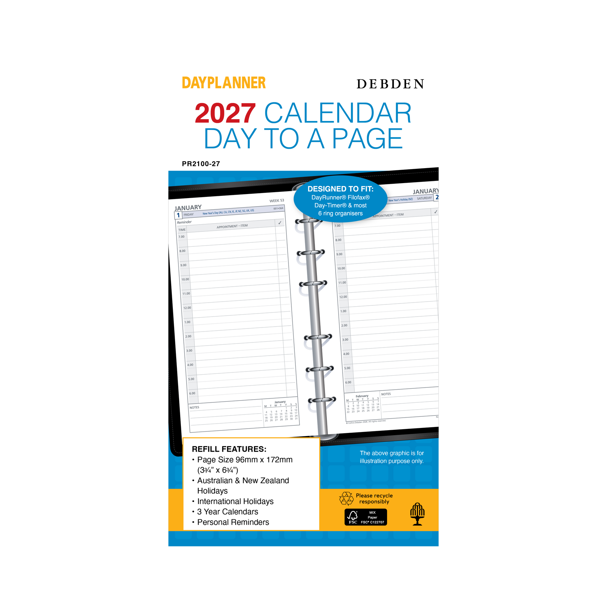 Debden Dayplanner 2027 Personal day to a page refill angled view