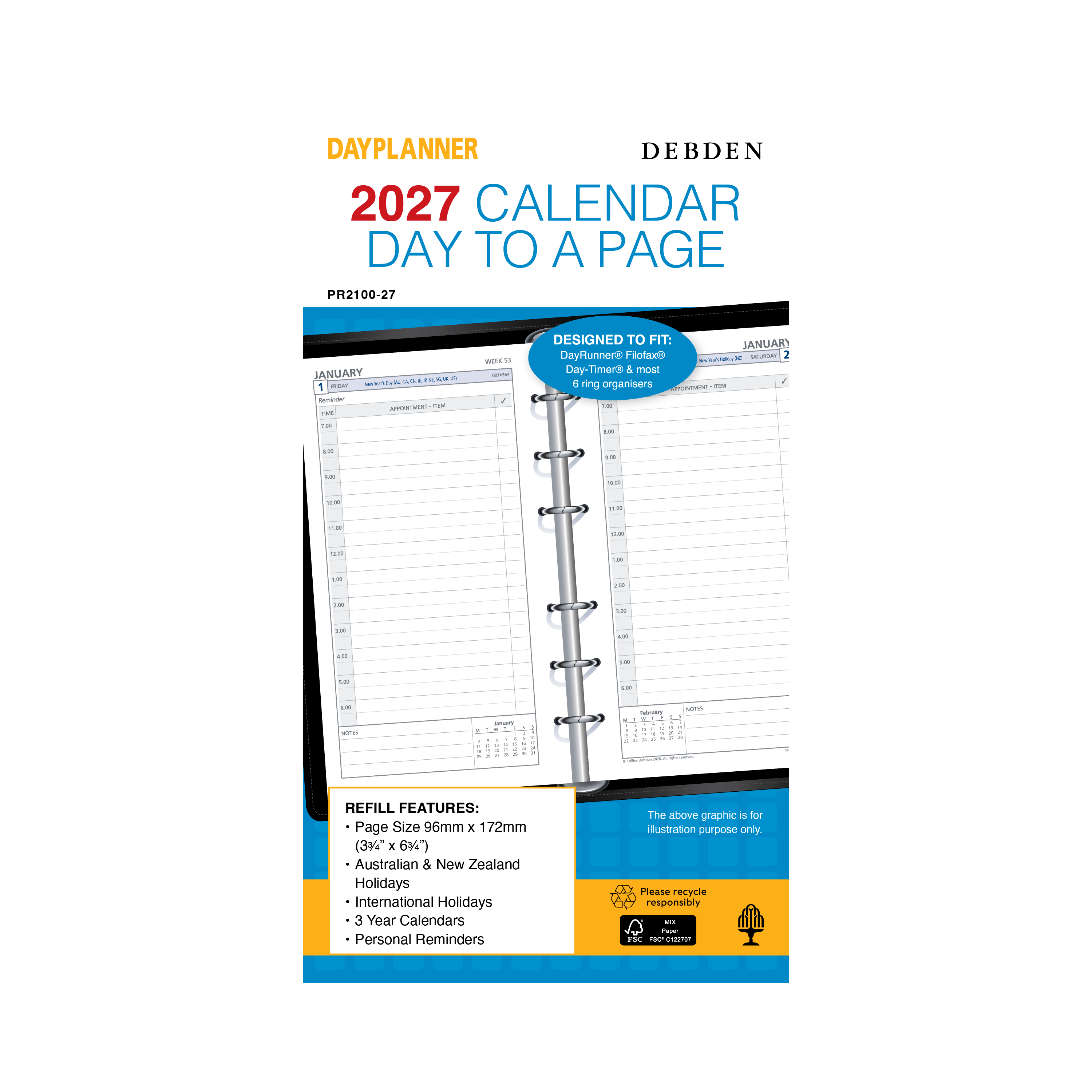 Debden Dayplanner 2027 Personal day to a page refill angled view