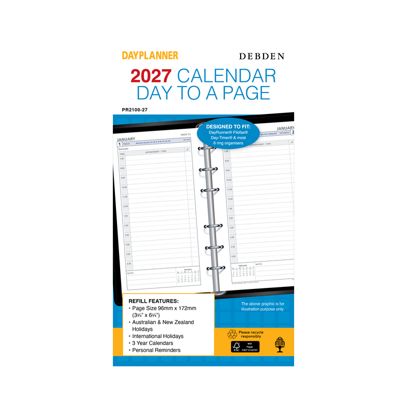 Debden Dayplanner 2027 Personal day to a page refill angled view