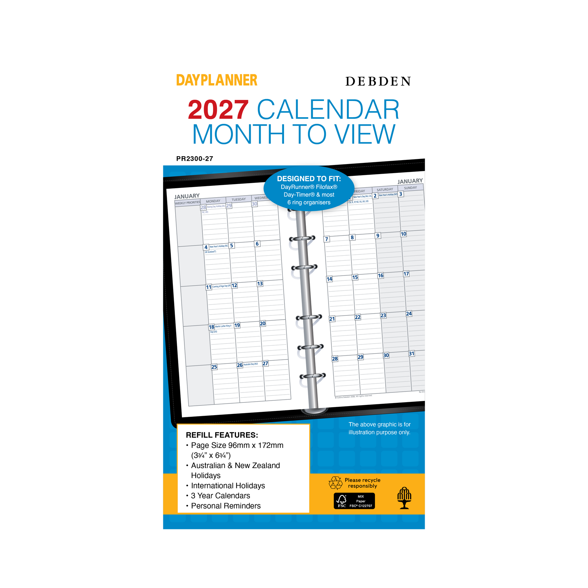Debden Dayplanner 2027 Personal month to view refill angled view