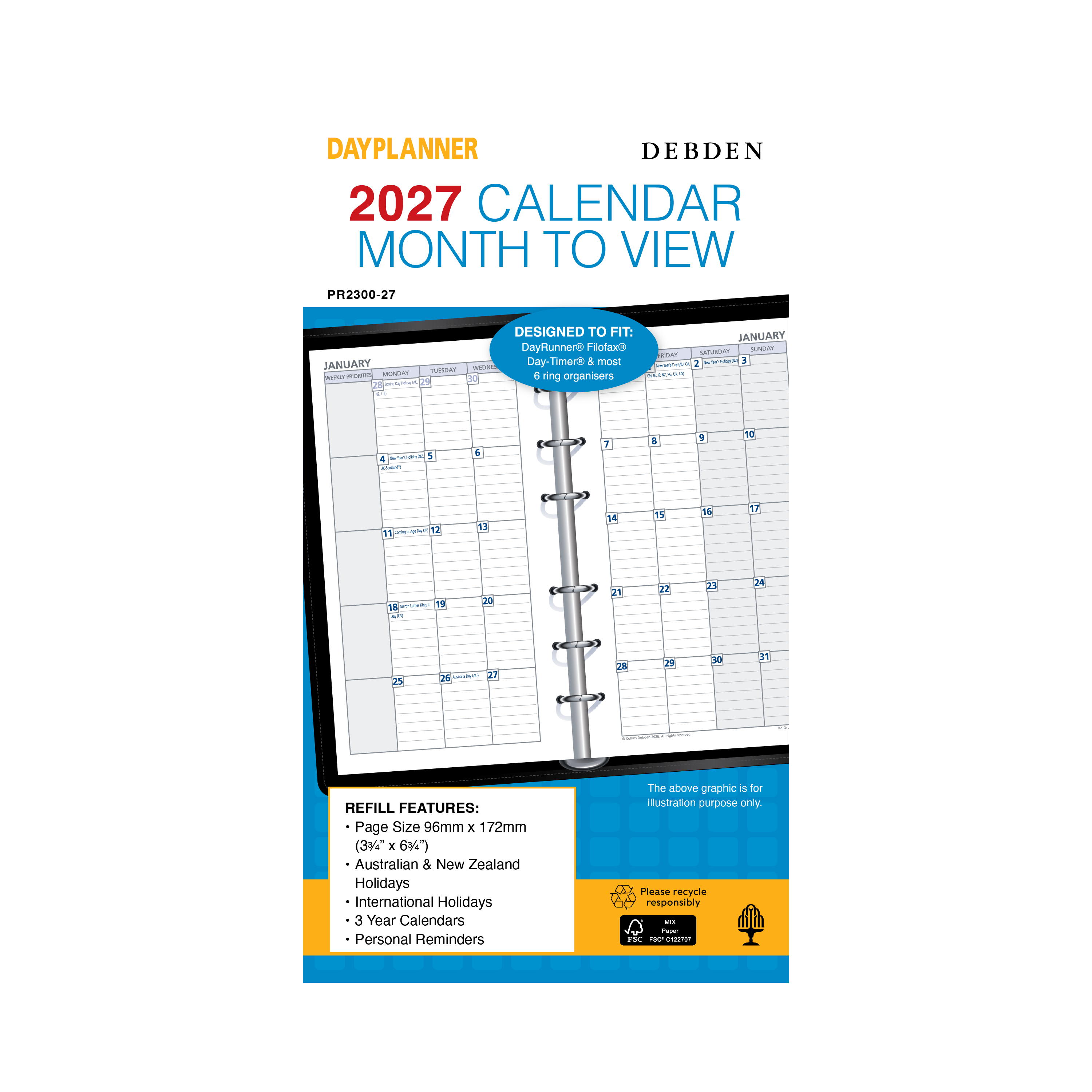 Debden Dayplanner 2027 Personal month to view refill angled view