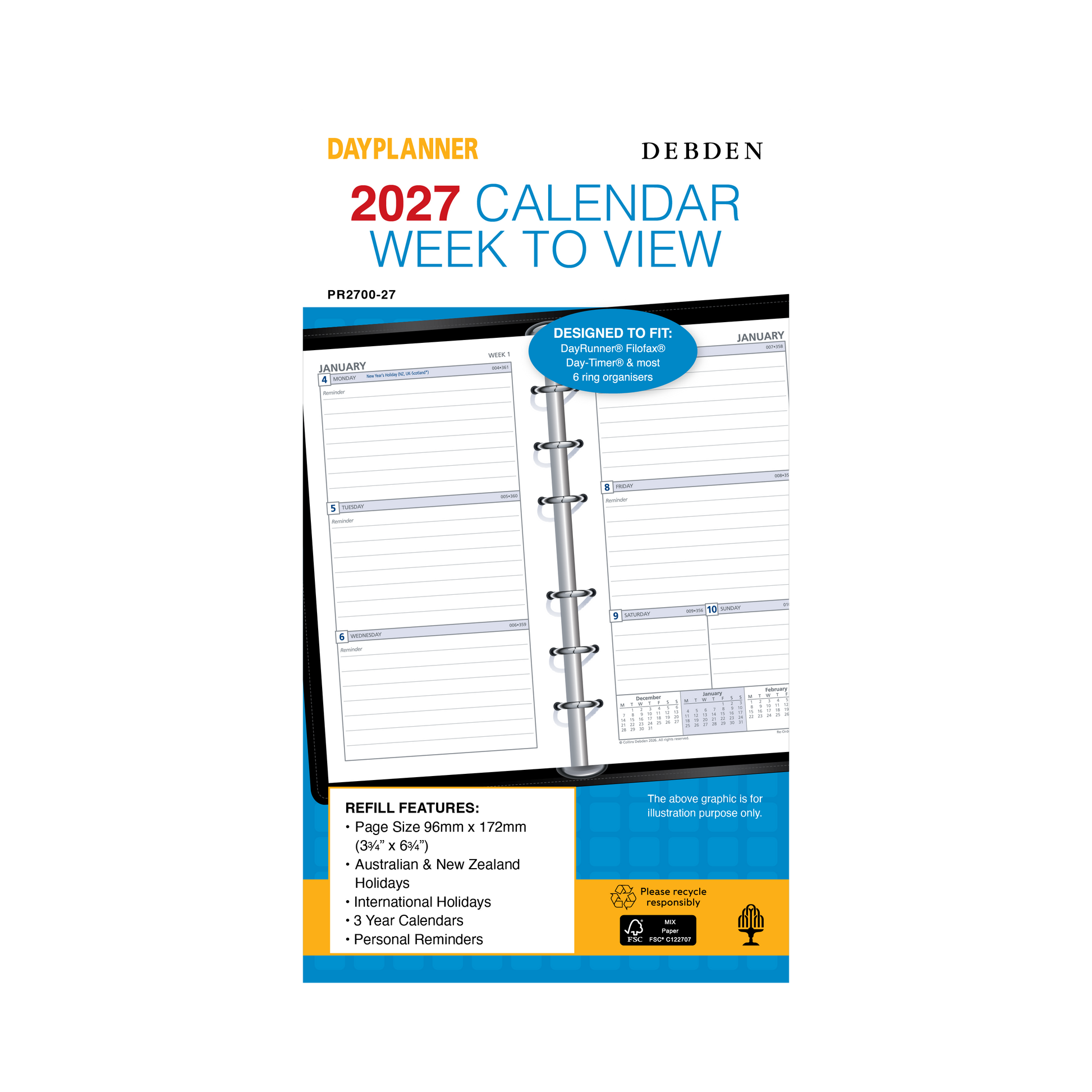 Debden Dayplanner 2027 Personal week to view ruled refill angled view
