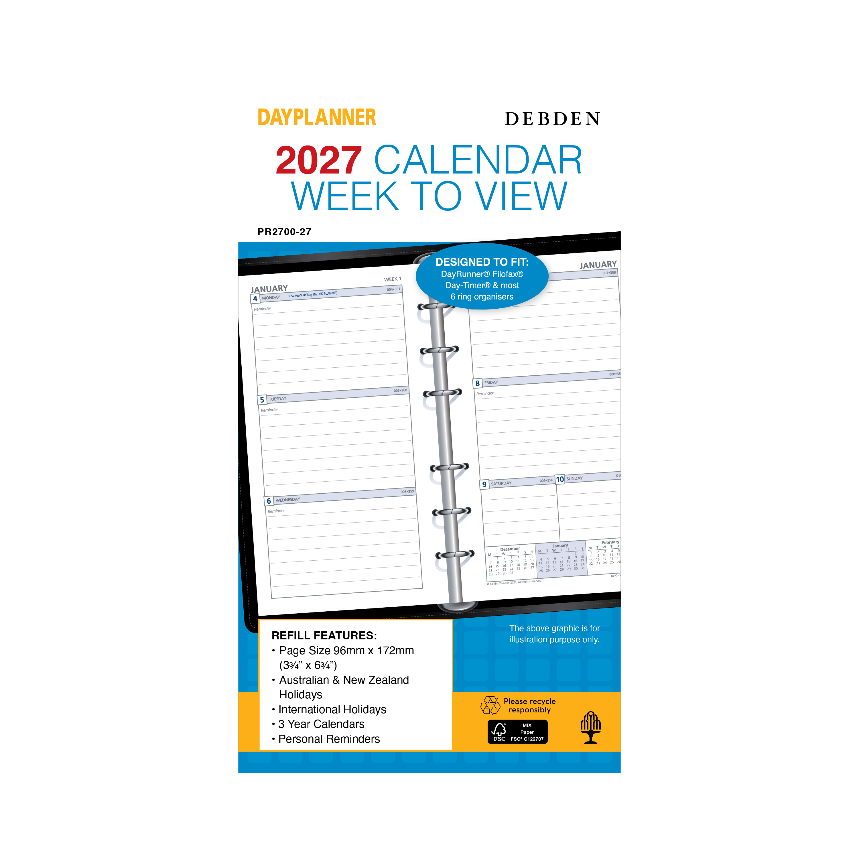 Debden Dayplanner 2027 Personal week to view ruled refill angled view