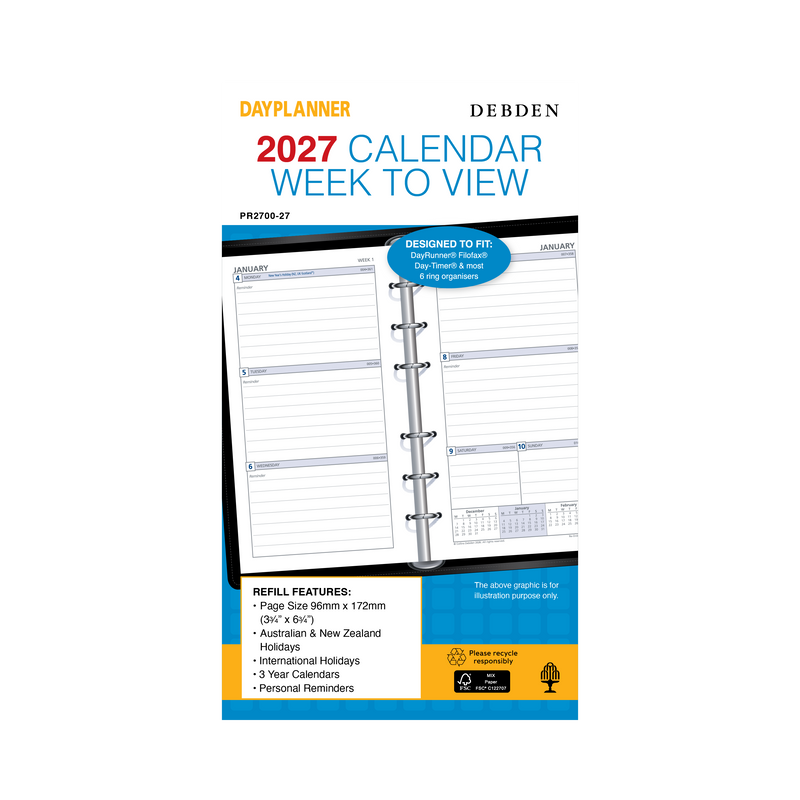 Debden Dayplanner 2027 Personal week to view ruled refill angled view