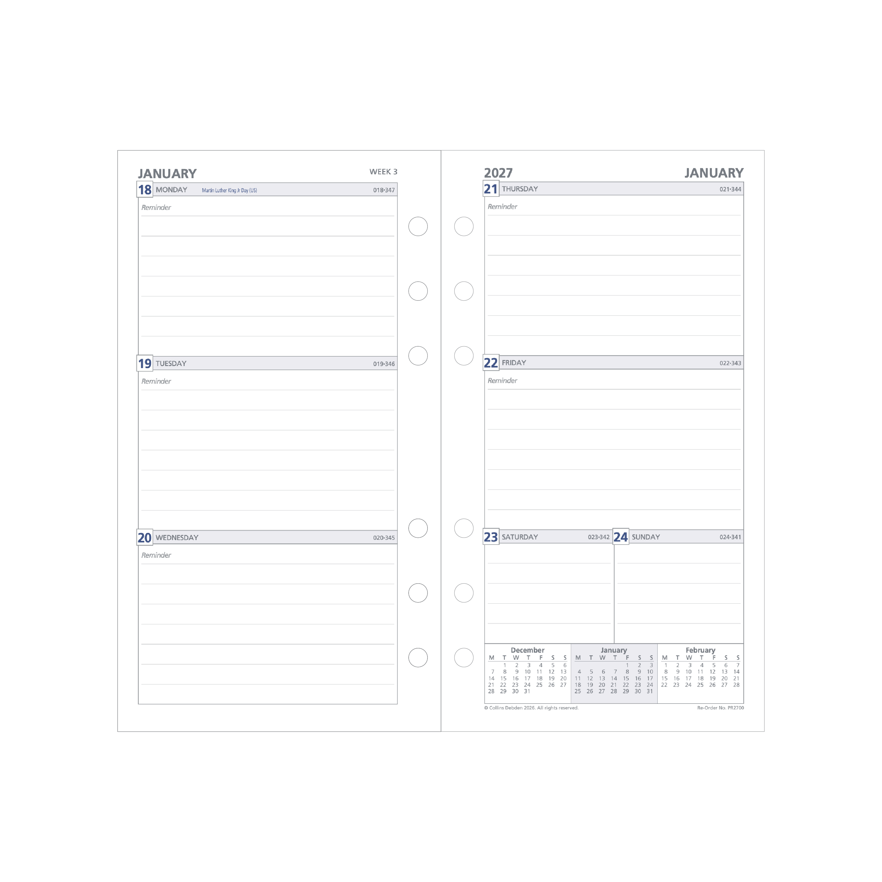 Debden Dayplanner 2027 Personal week to view ruled refill page layout