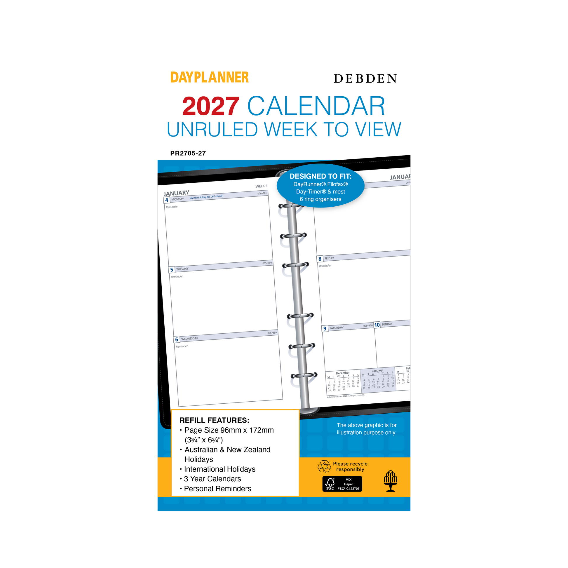 Debden Dayplanner 2027 Personal week to view unruled refill angled view