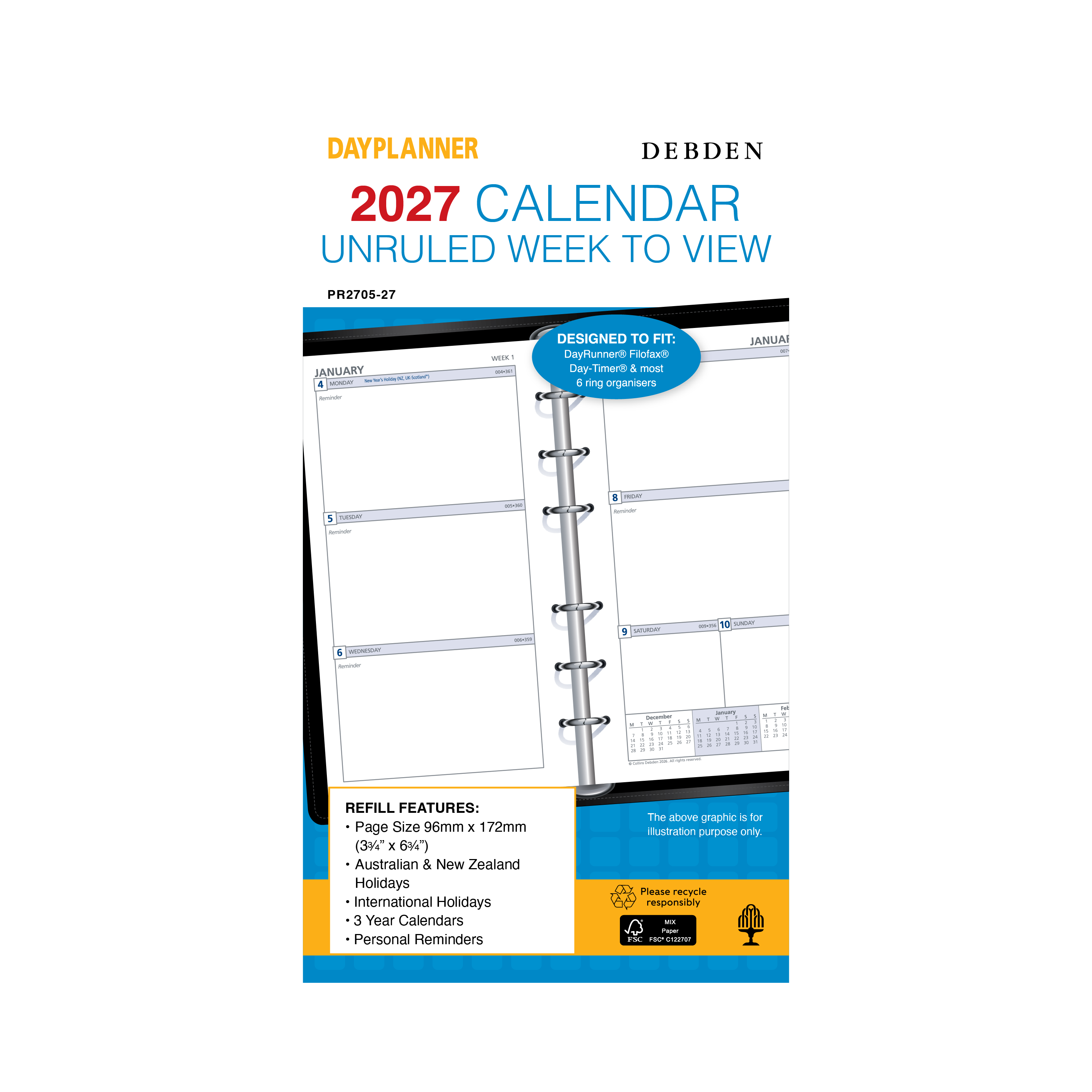 Debden Dayplanner 2027 Personal week to view unruled refill angled view