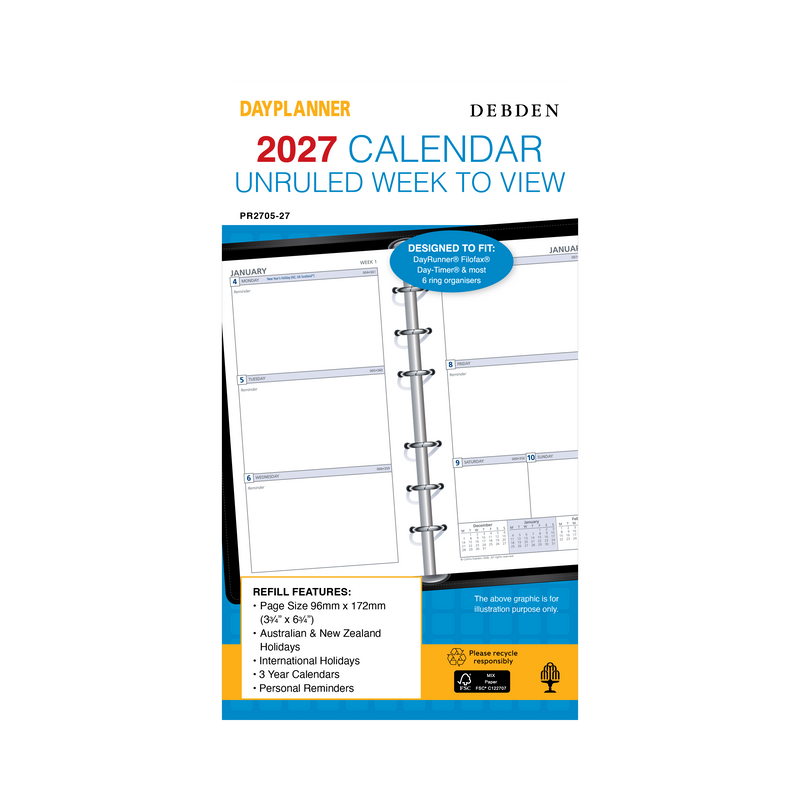 Debden Dayplanner 2027 Personal week to view unruled refill angled view