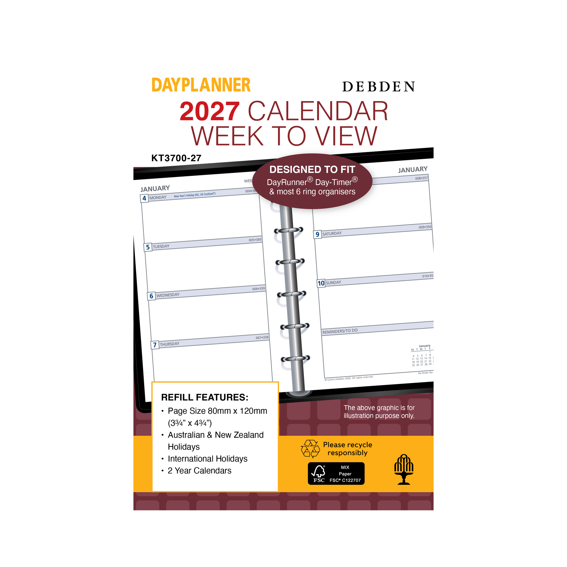 Debden Dayplanner 2027 Pocket week to view refill angled view