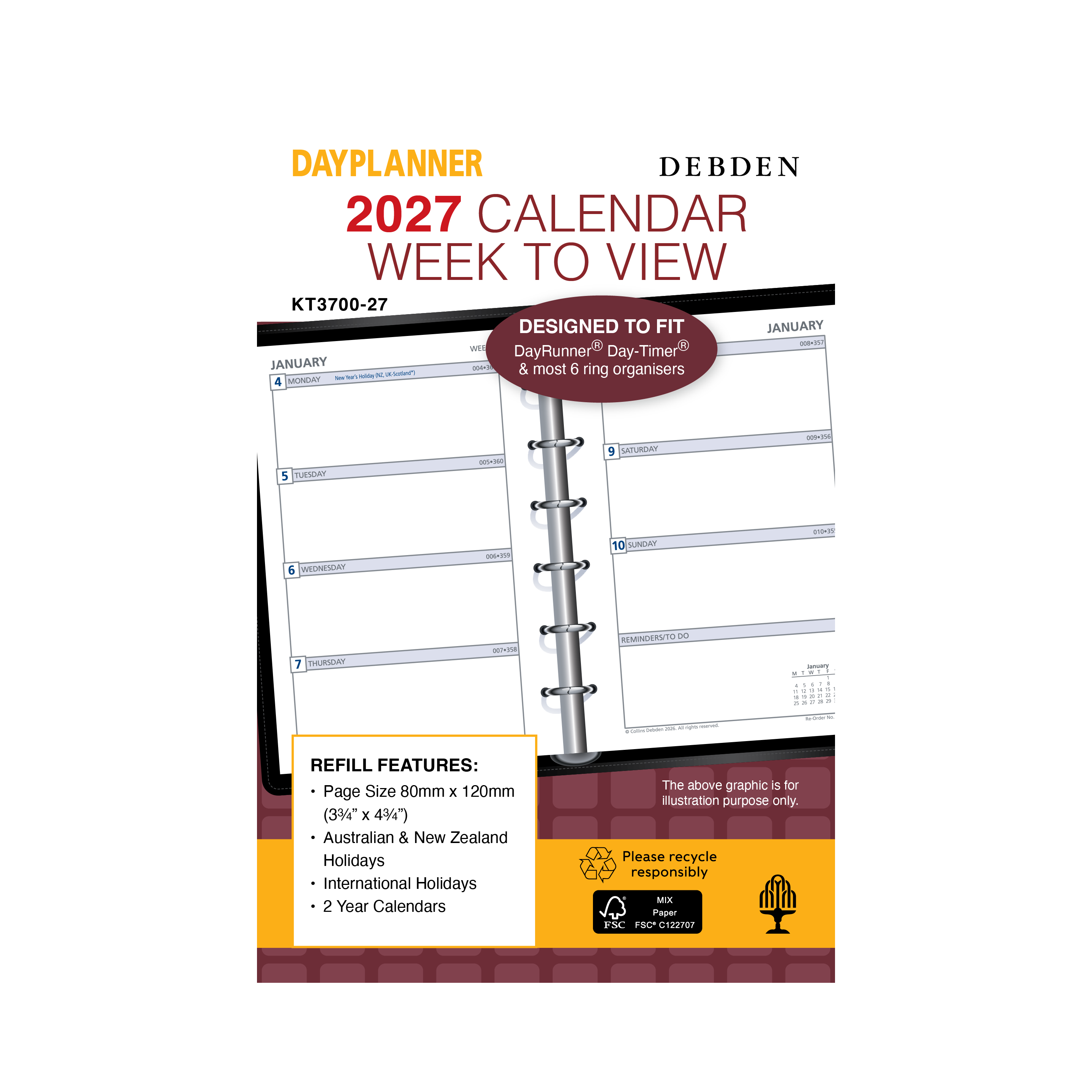 Debden Dayplanner 2027 Pocket week to view refill angled view