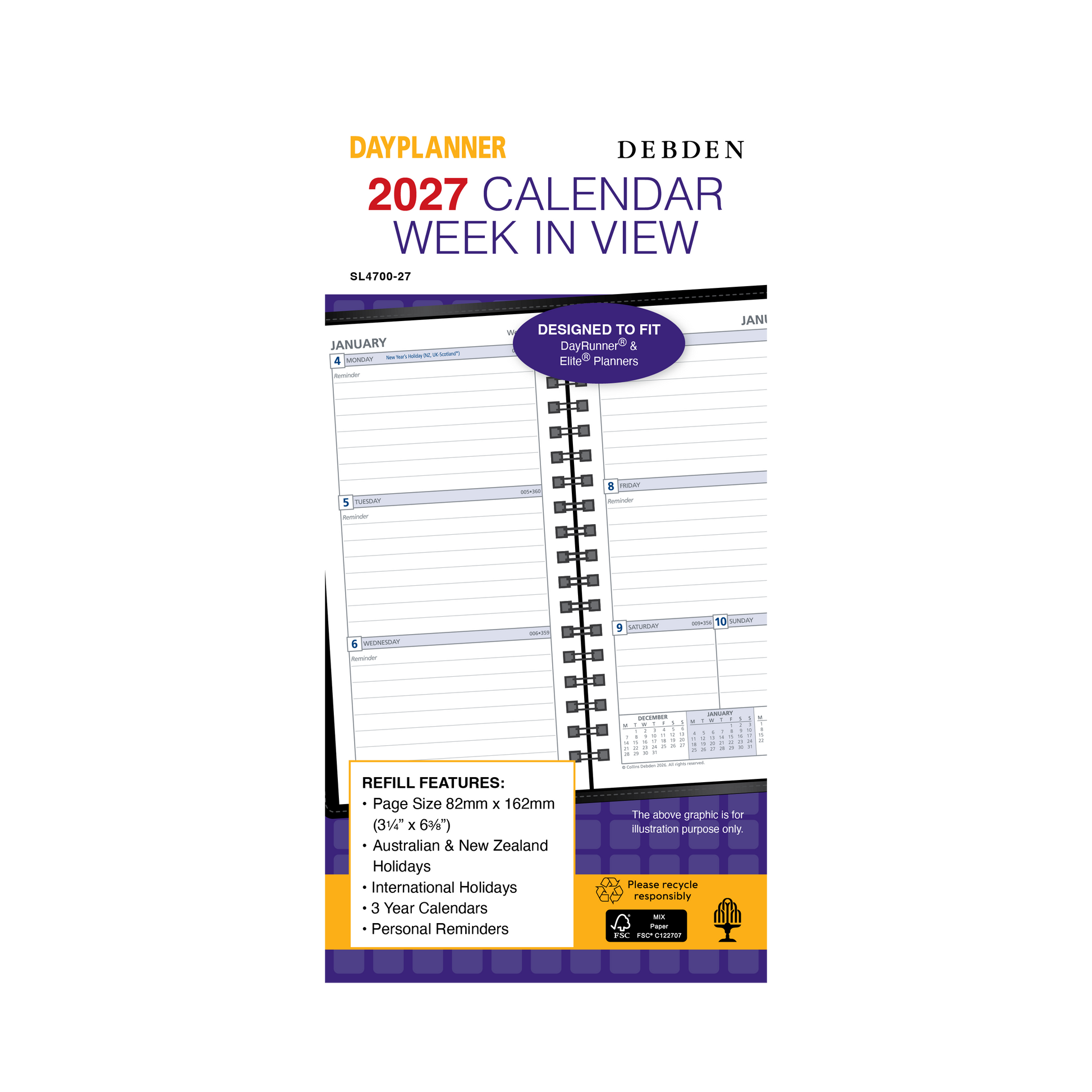 Debden Dayplanner 2027 Slimline Wire-O week to view refill angled view
