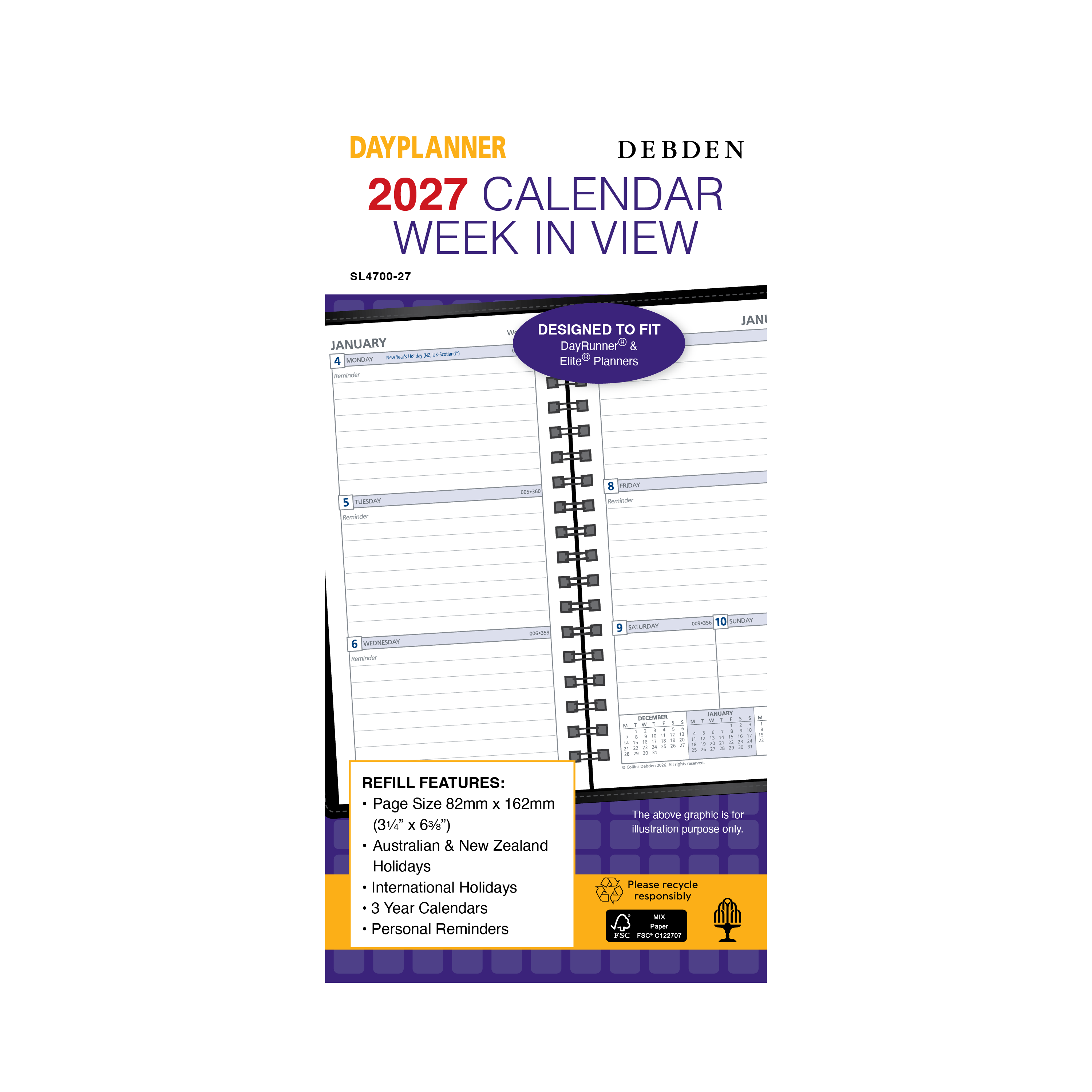 Debden Dayplanner 2027 Slimline Wire-O week to view refill angled view