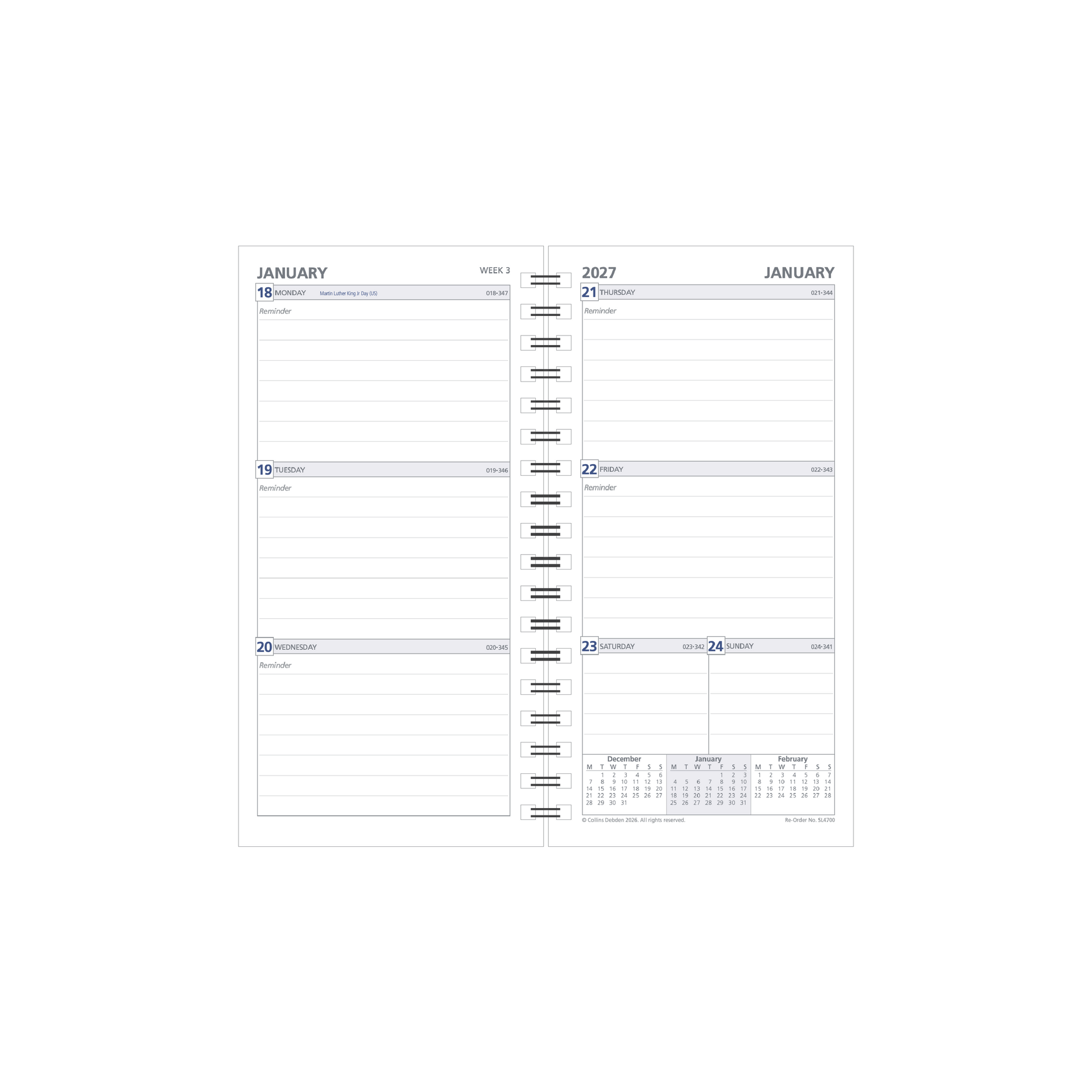 Debden Dayplanner 2027 Slimline Wire-O week to view refill page layout