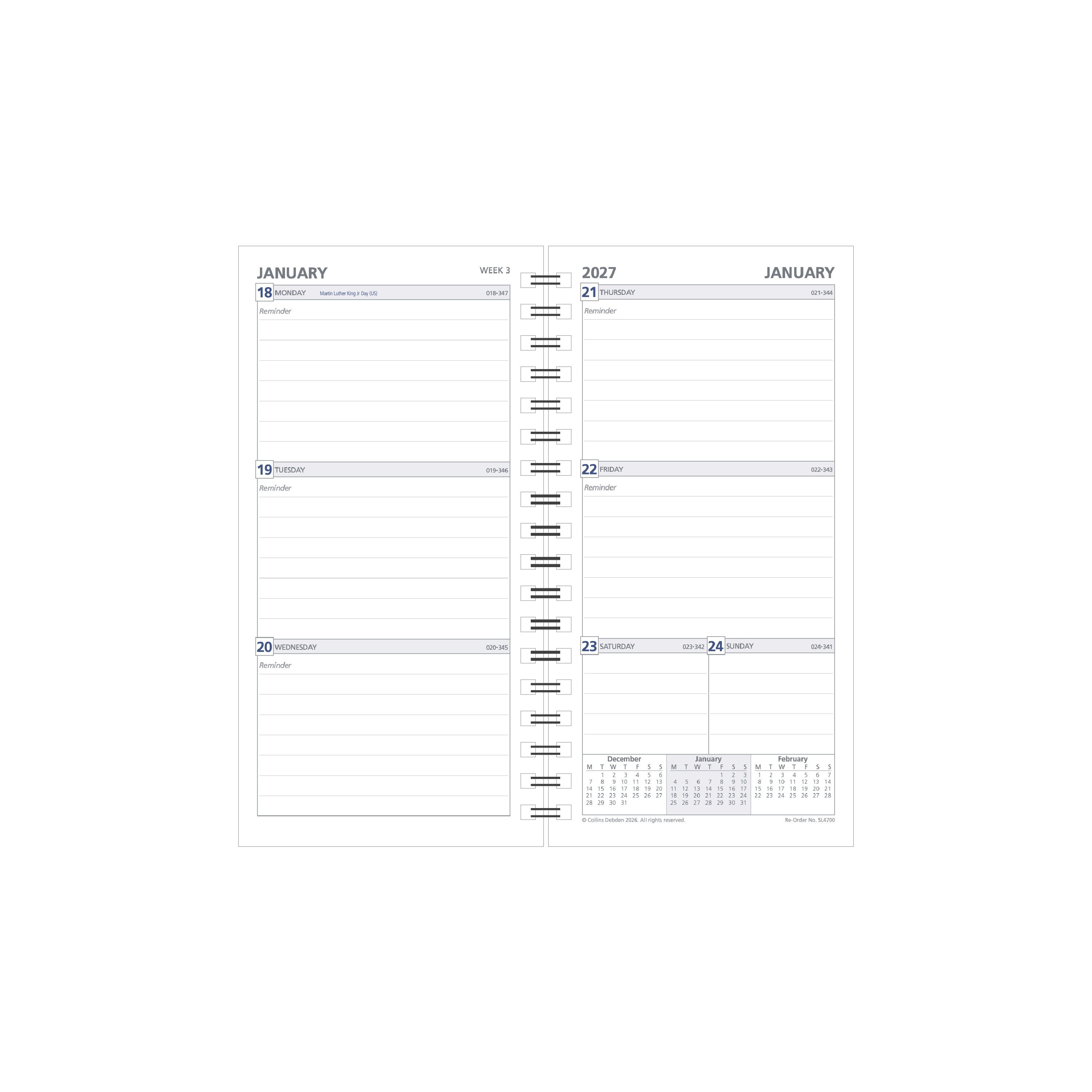 Debden Dayplanner 2027 Slimline Wire-O week to view refill page layout