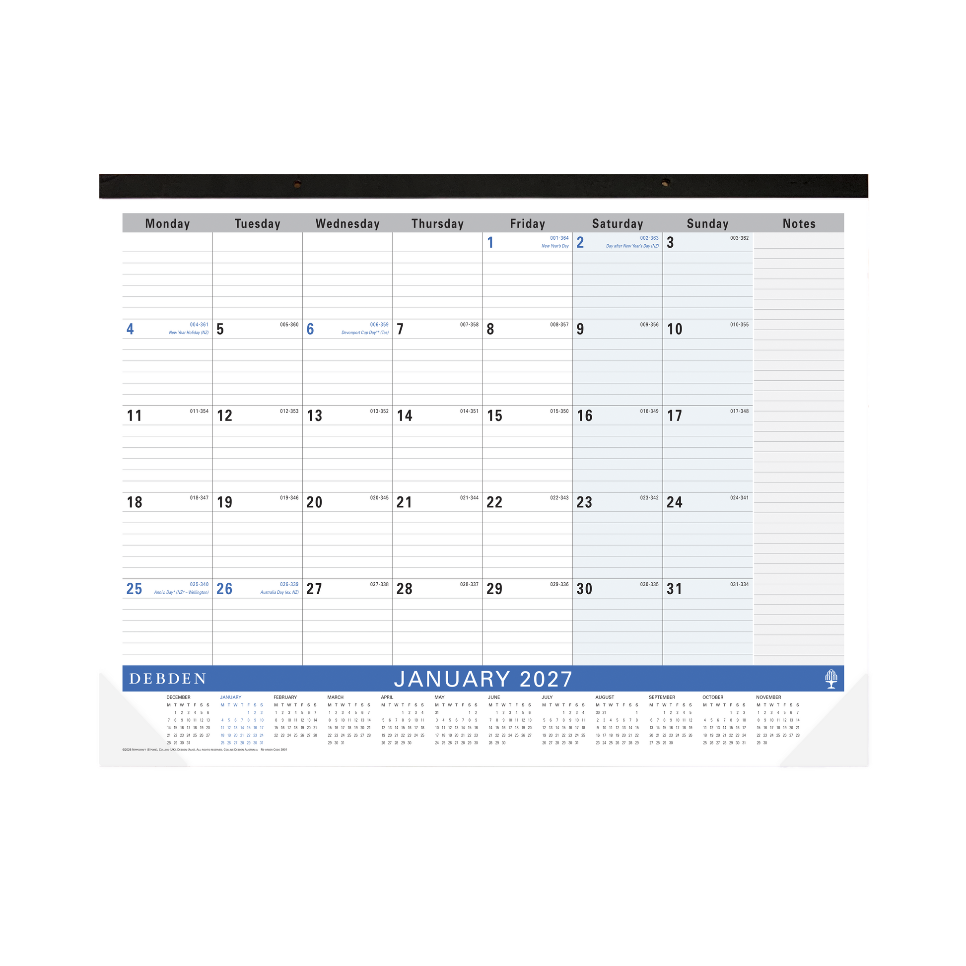 Debden 2027 desk top planner 420x594mm month to view navy angled view