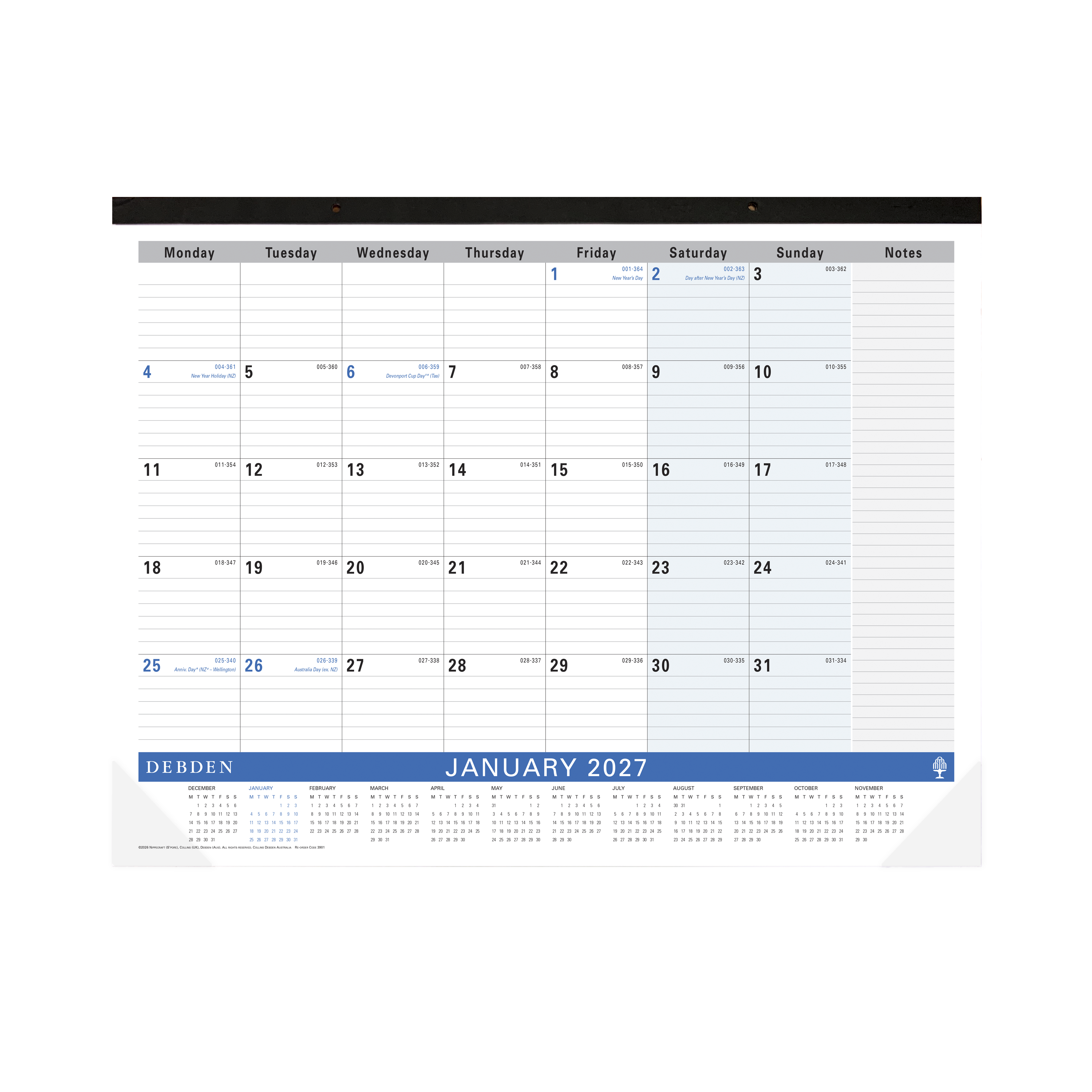 Debden 2027 desk top planner 420x594mm month to view navy angled view