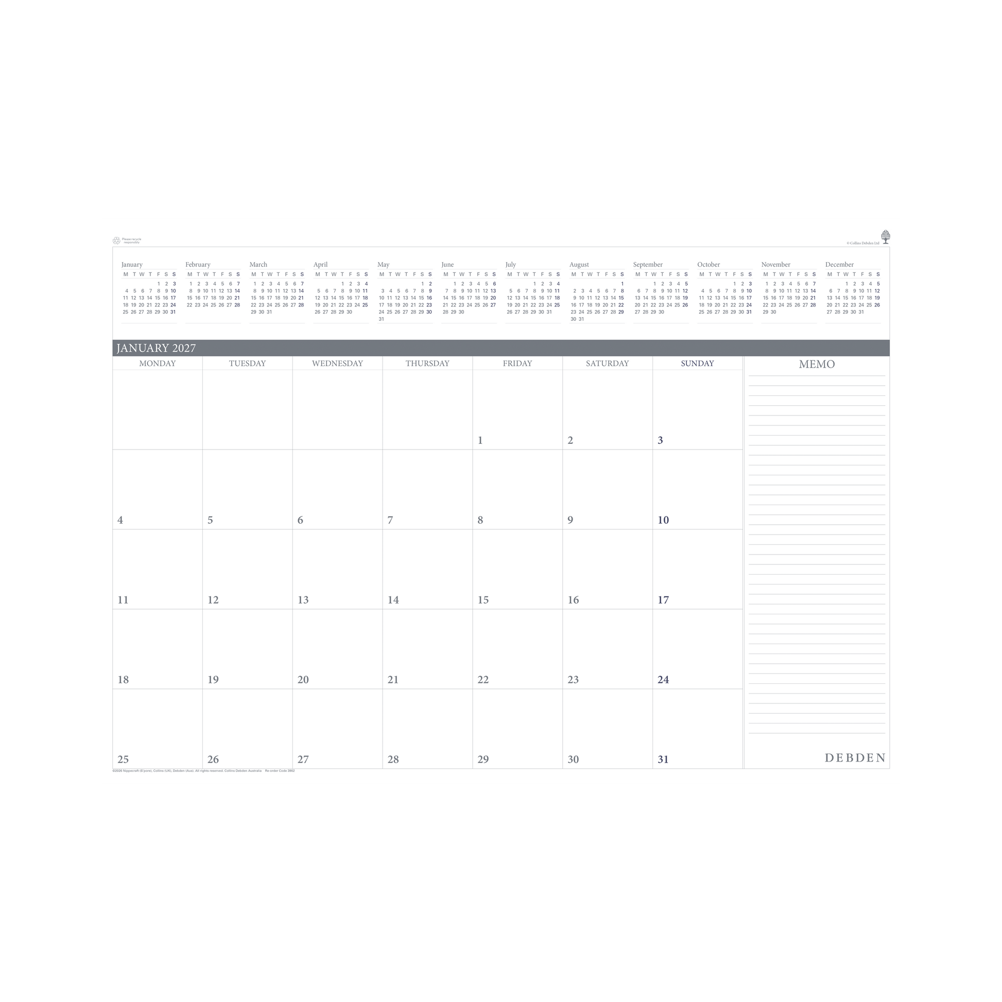 Debden 2027 desk top planner refill 370x530mm month to view