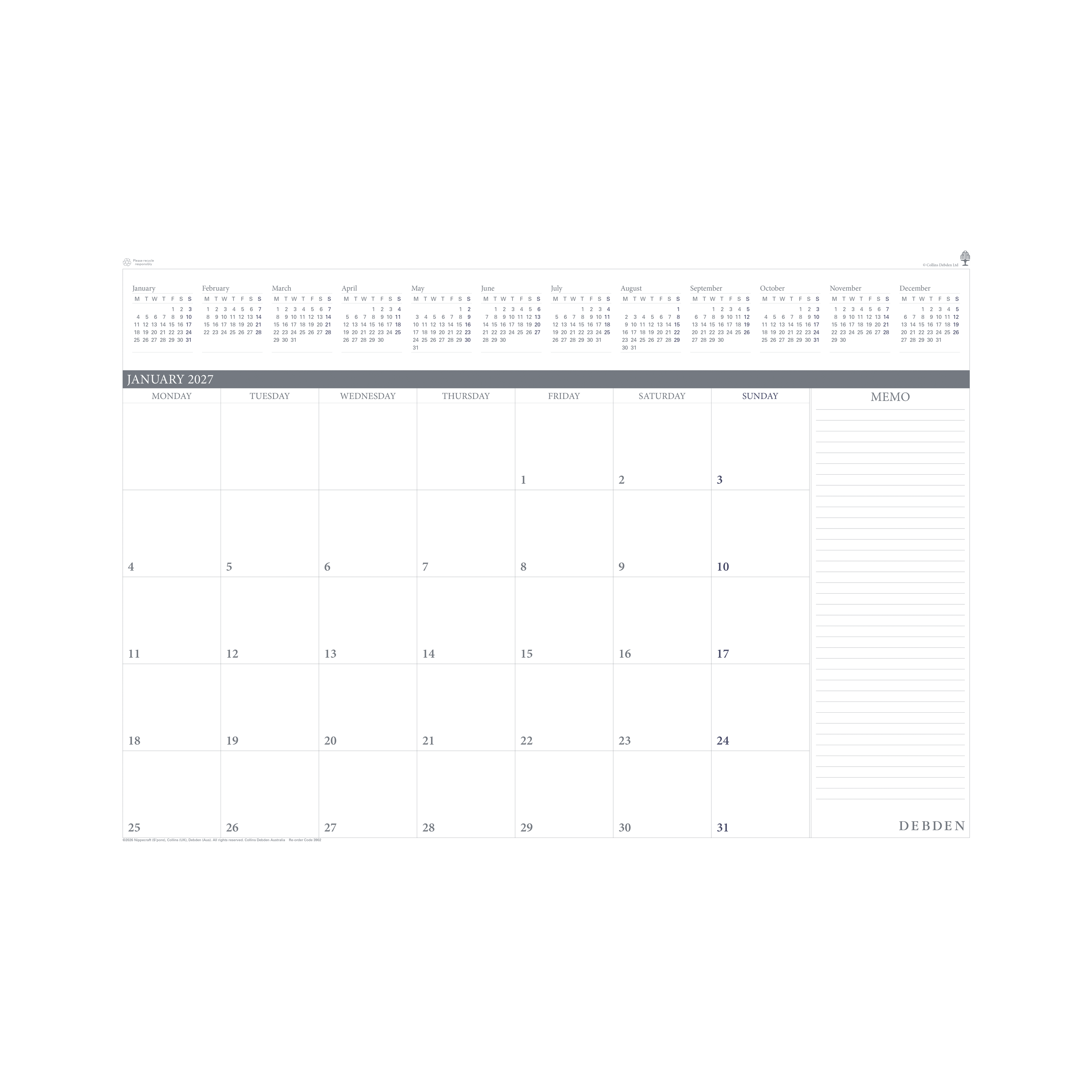 Debden 2027 desk top planner refill 370x530mm month to view