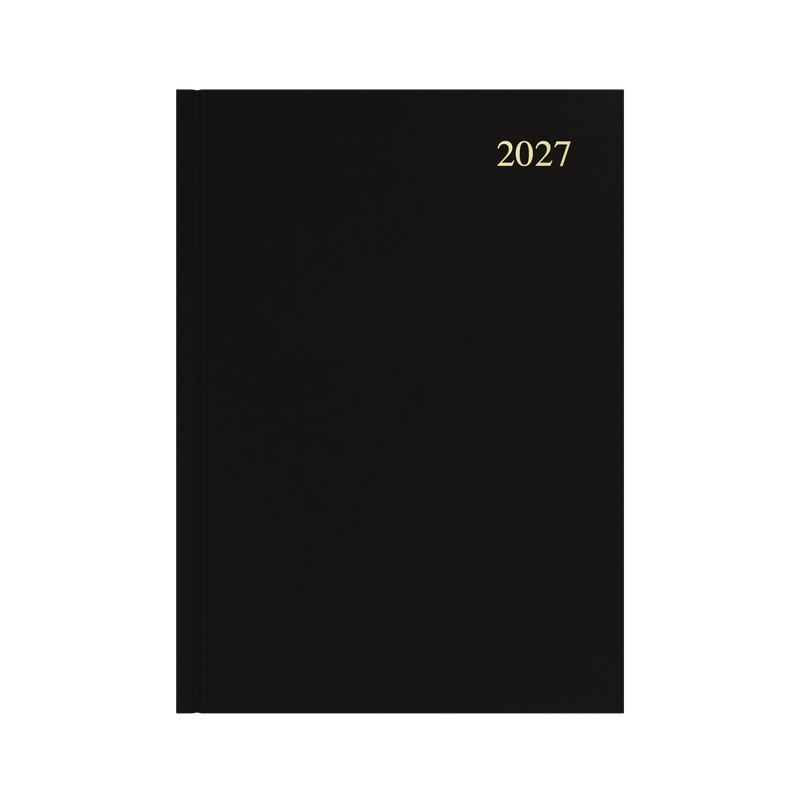 Collins Essential 2027 A4 day to a page diary black cover angled view