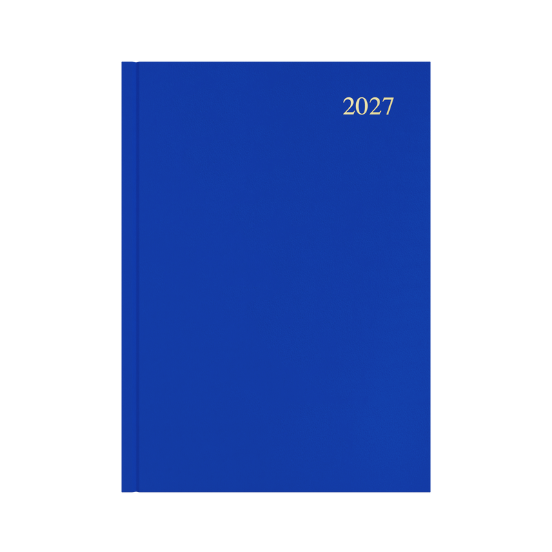 Collins Essential 2027 A4 day to a page diary blue cover angled view