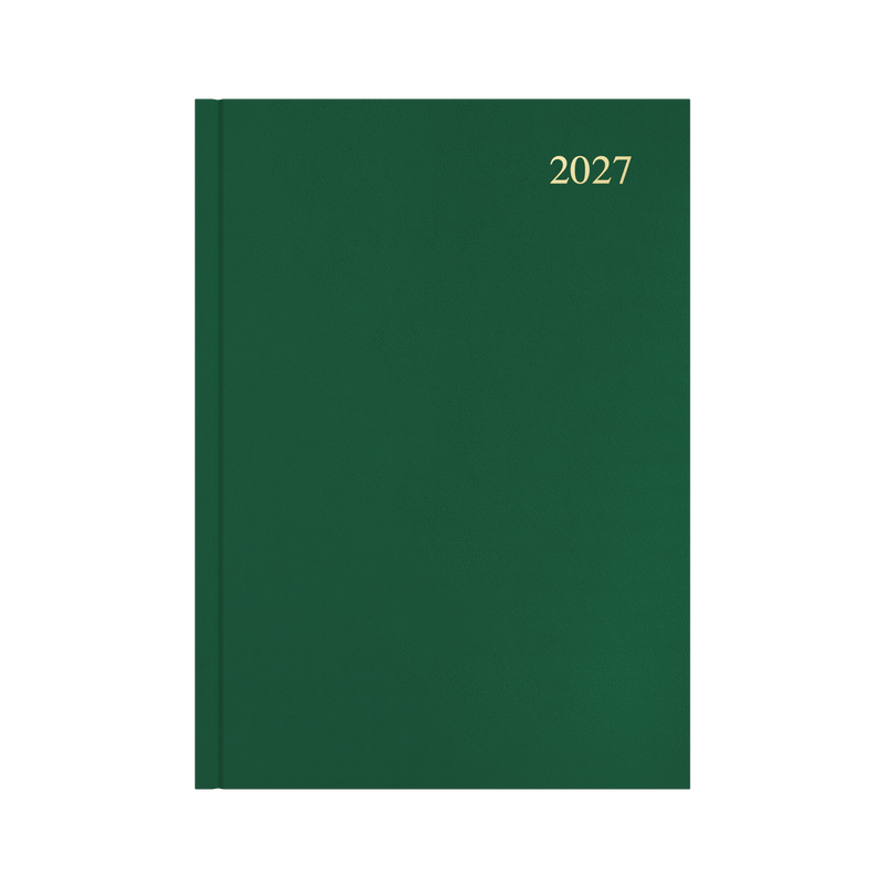 Collins Essential 2027 A4 day to a page diary green cover angled view