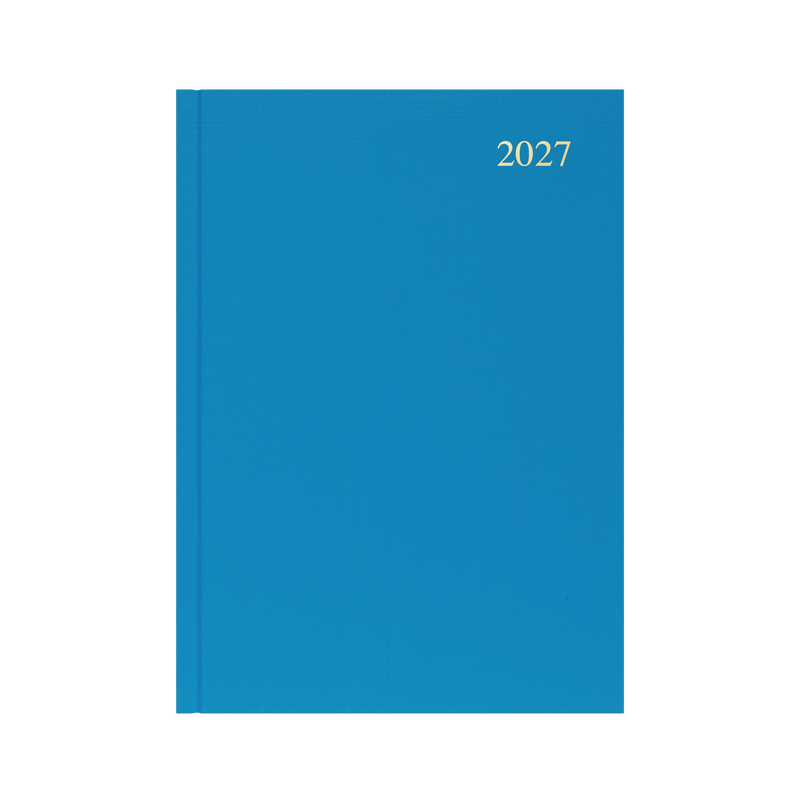 Collins Essential 2027 A4 day to a page diary light blue cover angled view