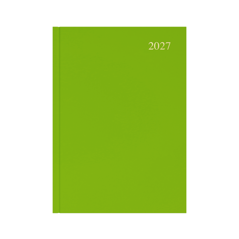 Collins Essential 2027 A4 day to a page diary lime cover angled view