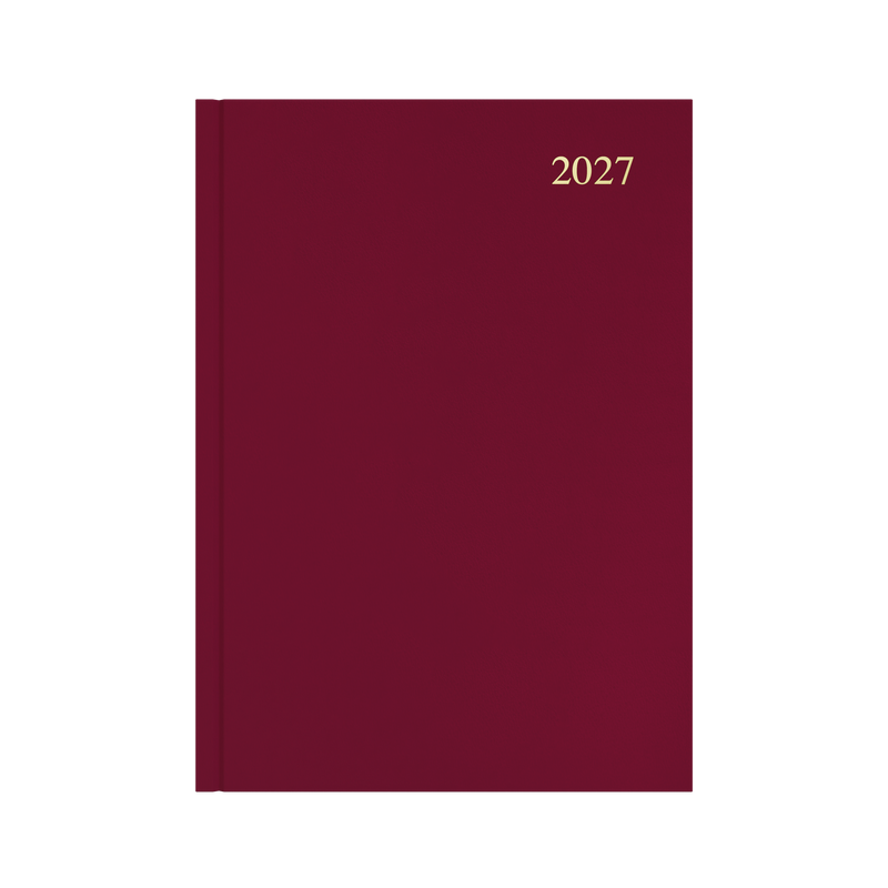 Collins Essential 2027 A4 day to a page diary maroon cover angled view