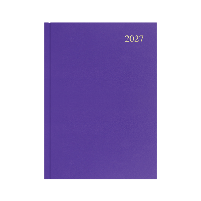 Collins Essential 2027 A4 day to a page diary purple cover angled view