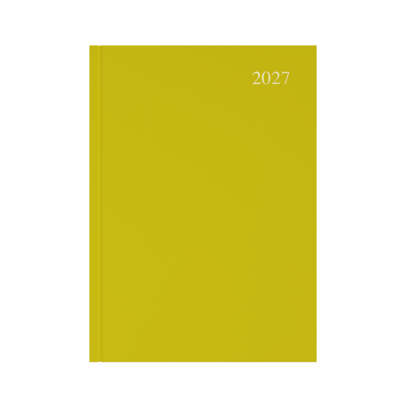 Collins Essential 2027 A4 day to a page diary yellow cover angled view