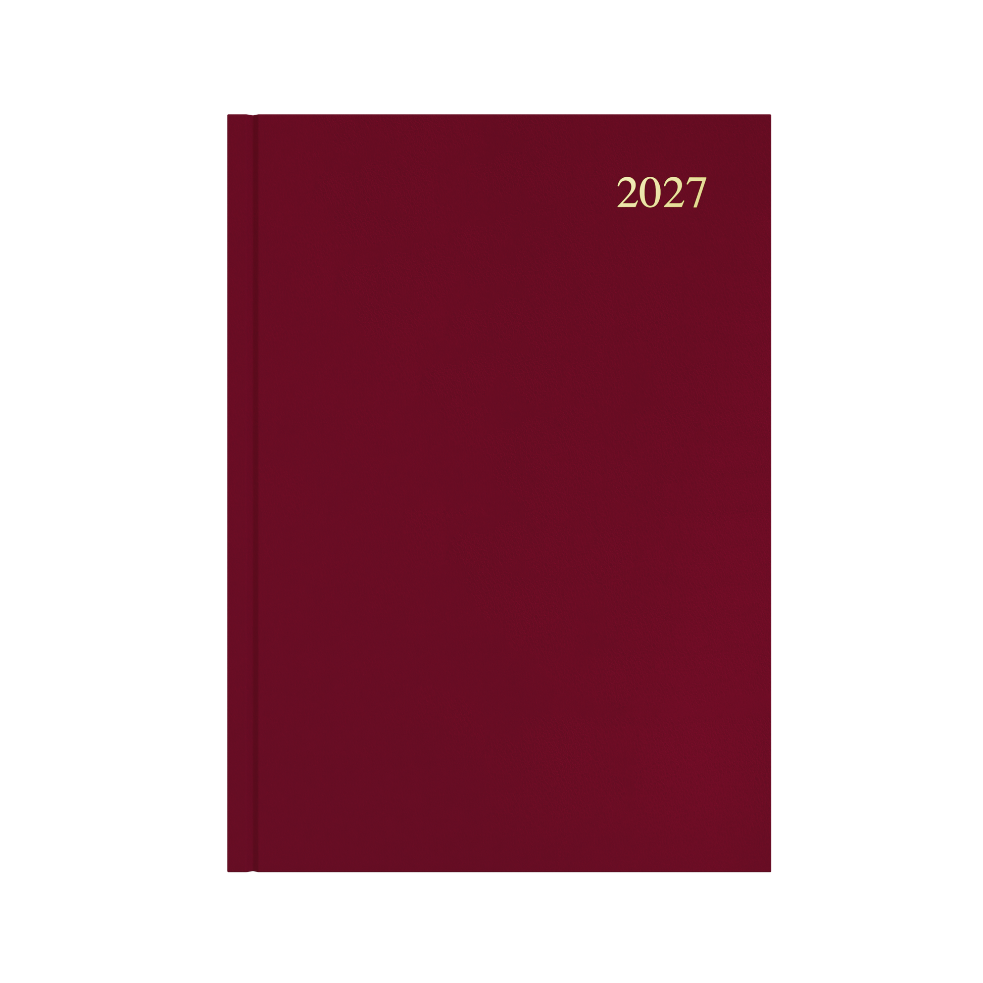 Collins Essential 2027 A4 week to view diary maroon cover angled view