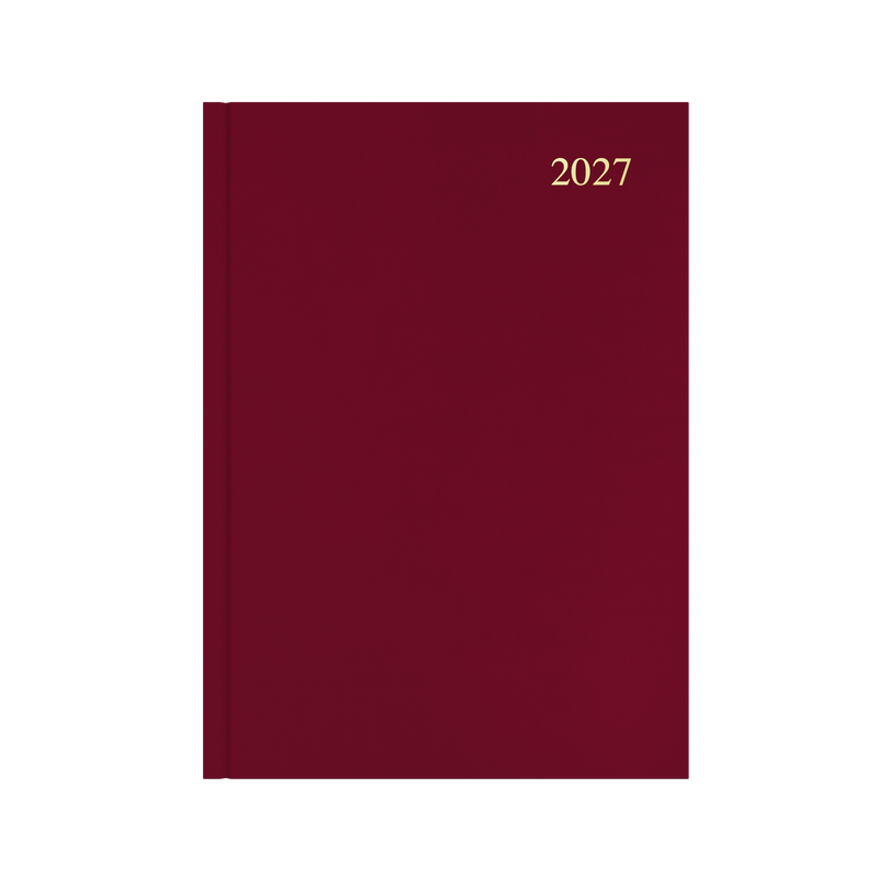 Collins Essential 2027 A4 week to view diary maroon cover angled view