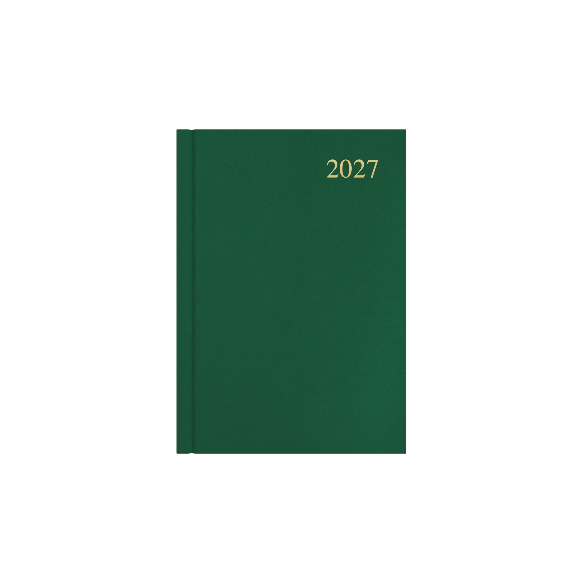 Collins Essential 2027 A5 day to a page diary green cover angled view