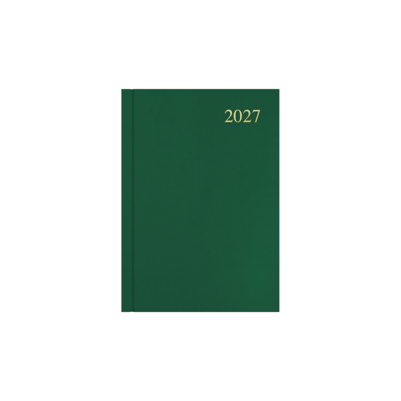 Collins Essential 2027 A5 day to a page diary green cover angled view