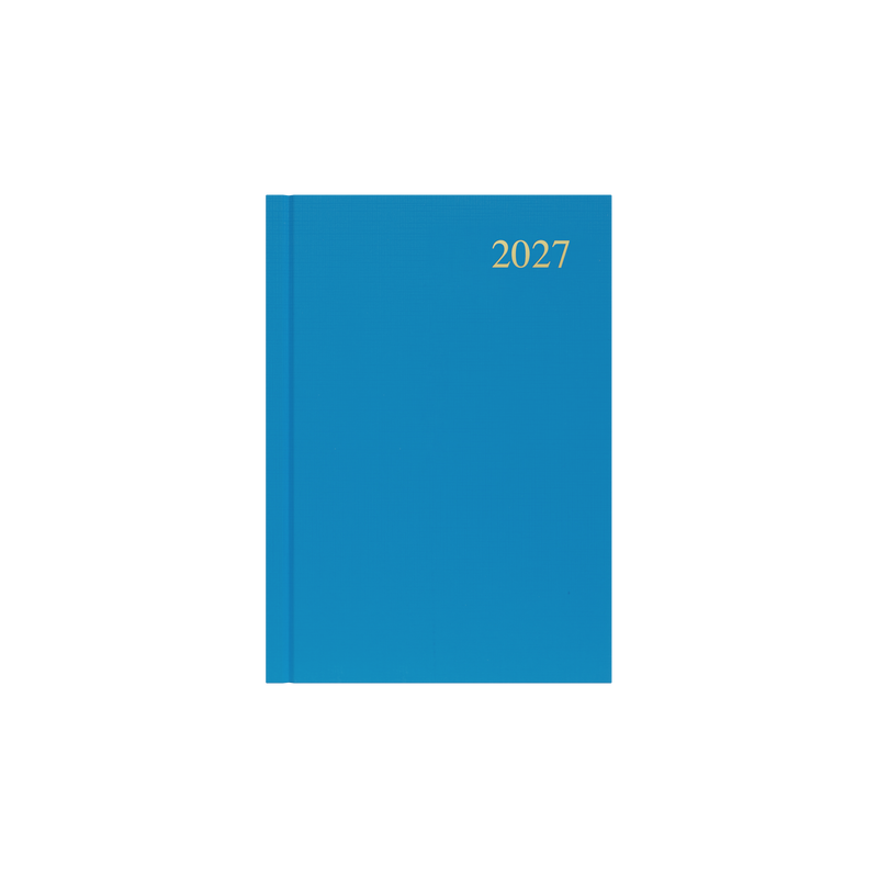 Collins Essential 2027 A5 day to a page diary light blue cover angled view