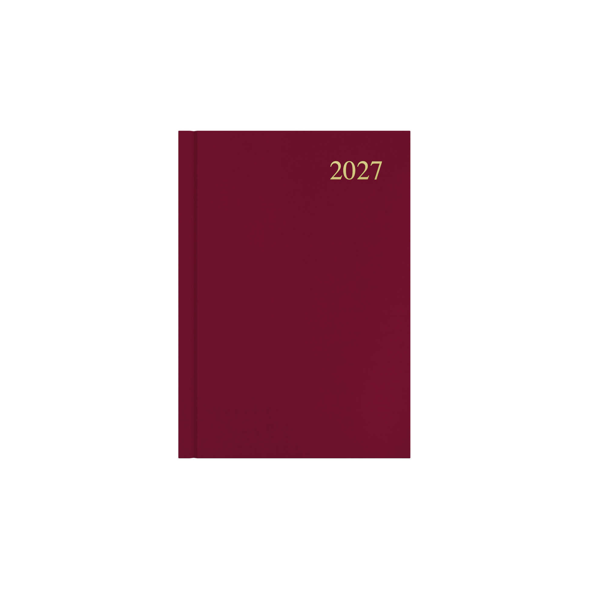 Collins Essential 2027 A5 day to a page diary maroon cover angled view