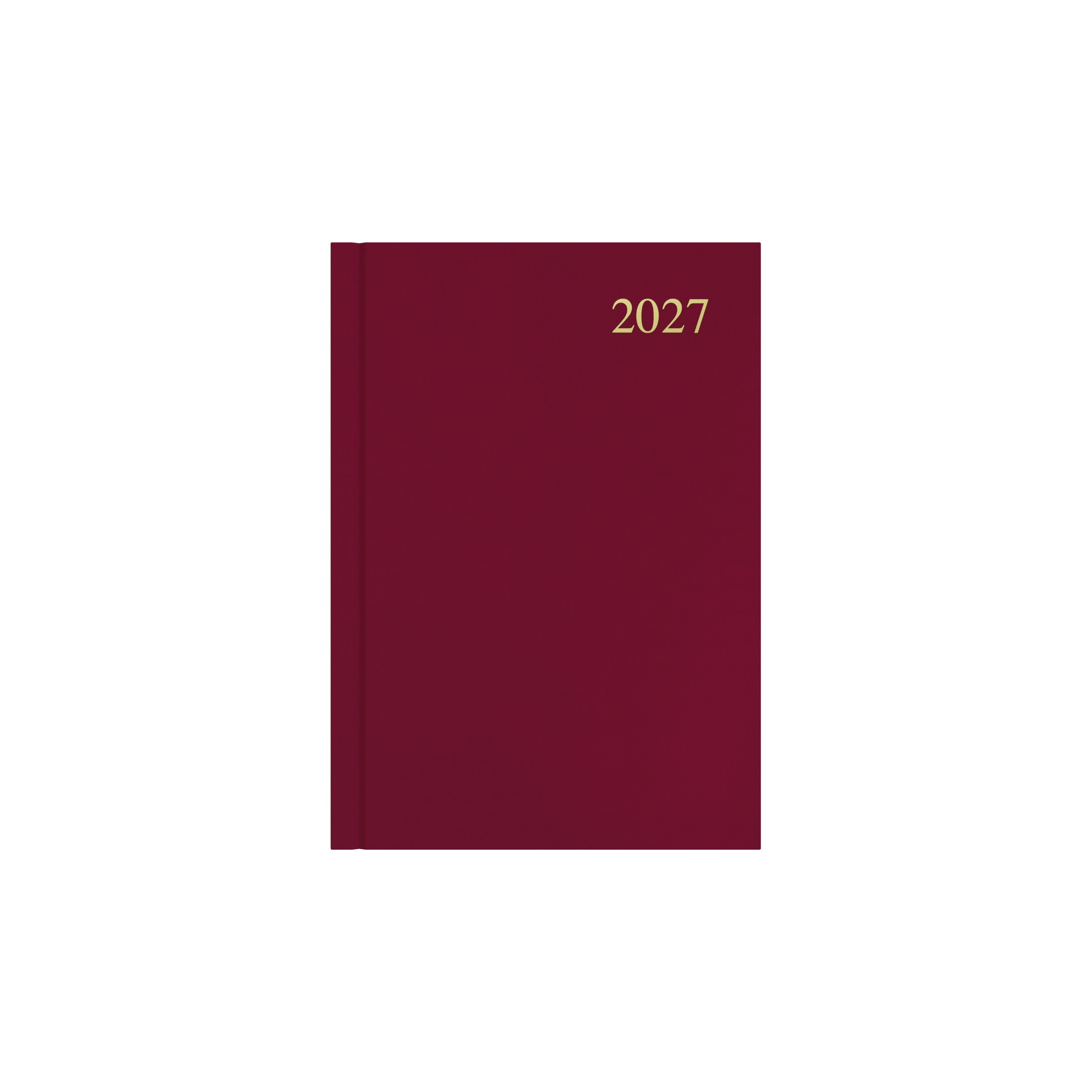 Collins Essential 2027 A5 day to a page diary maroon cover angled view