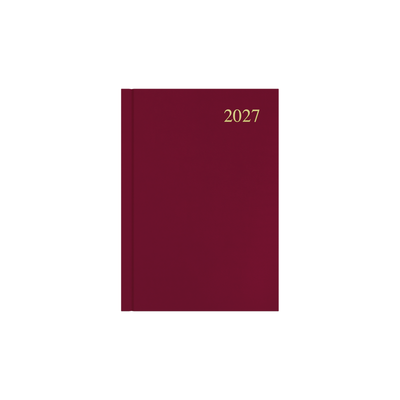 Collins Essential 2027 A5 day to a page diary maroon cover angled view