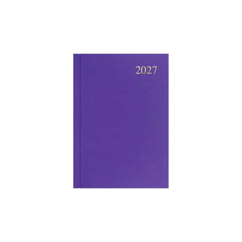 Collins Essential 2027 A5 day to a page diary purple cover angled view