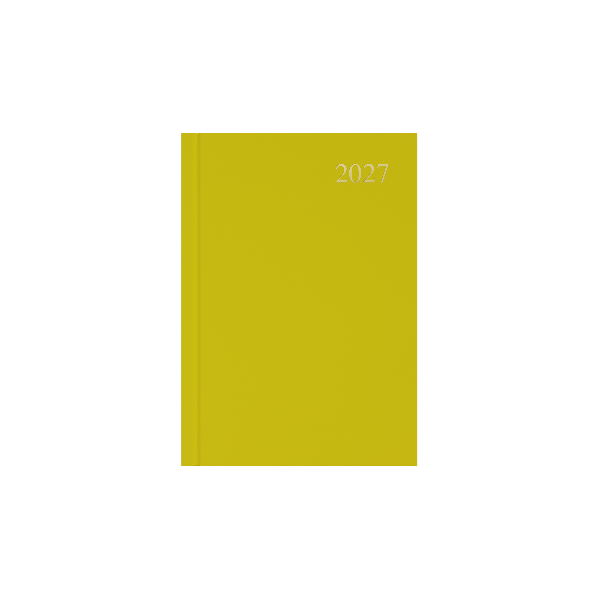 Collins Essential 2027 A5 day to a page diary yellow cover angled view