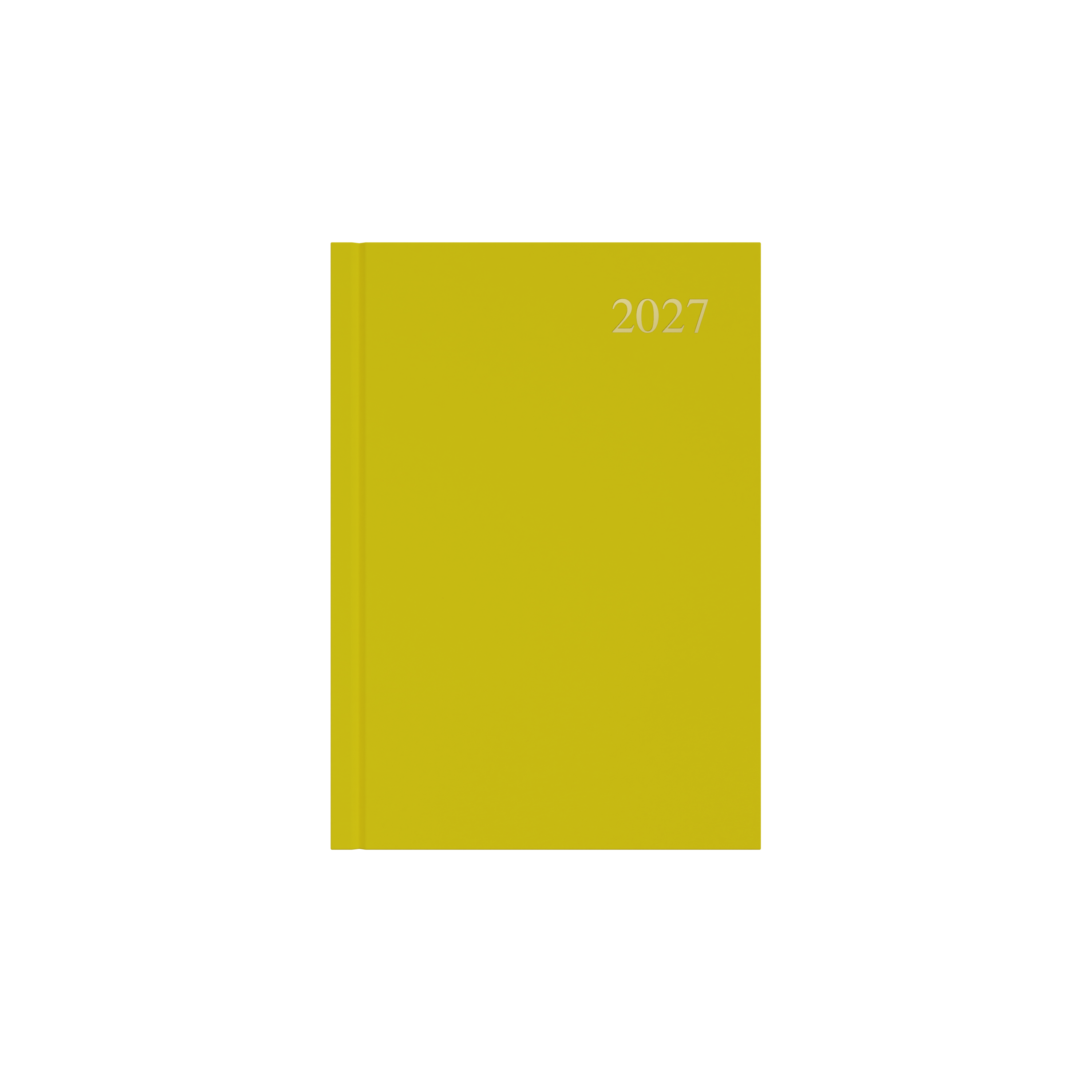 Collins Essential 2027 A5 day to a page diary yellow cover angled view