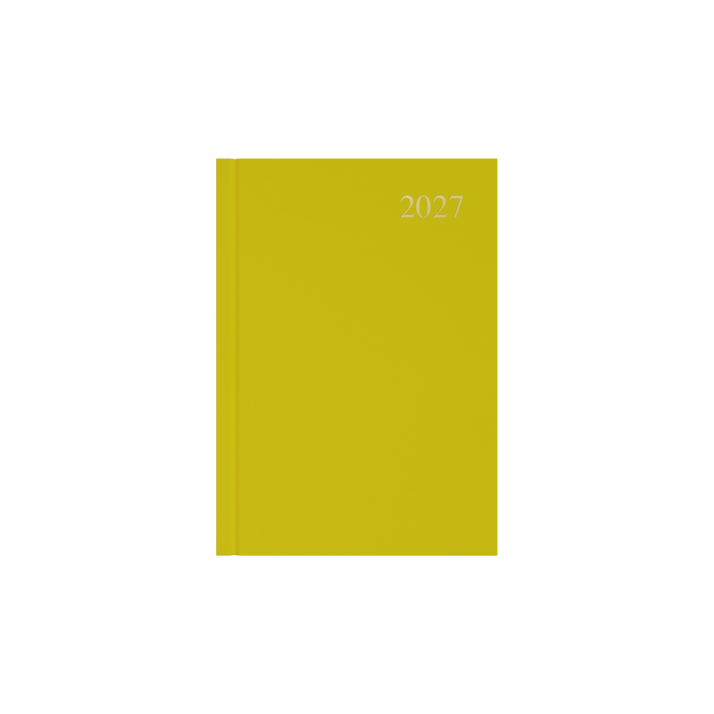 Collins Essential 2027 A5 day to a page diary yellow cover angled view