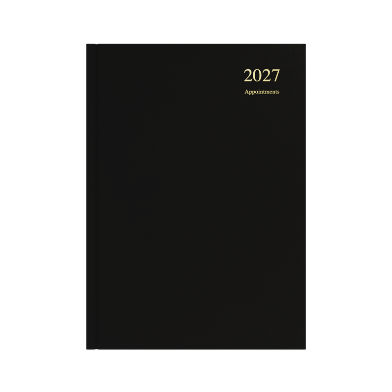 Collins Essential Appointment 2027 A4 day to a page diary black cover angled view