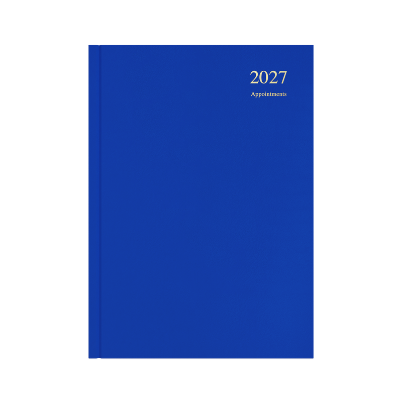 Collins Essential Appointment 2027 A4 day to a page diary blue cover angled view