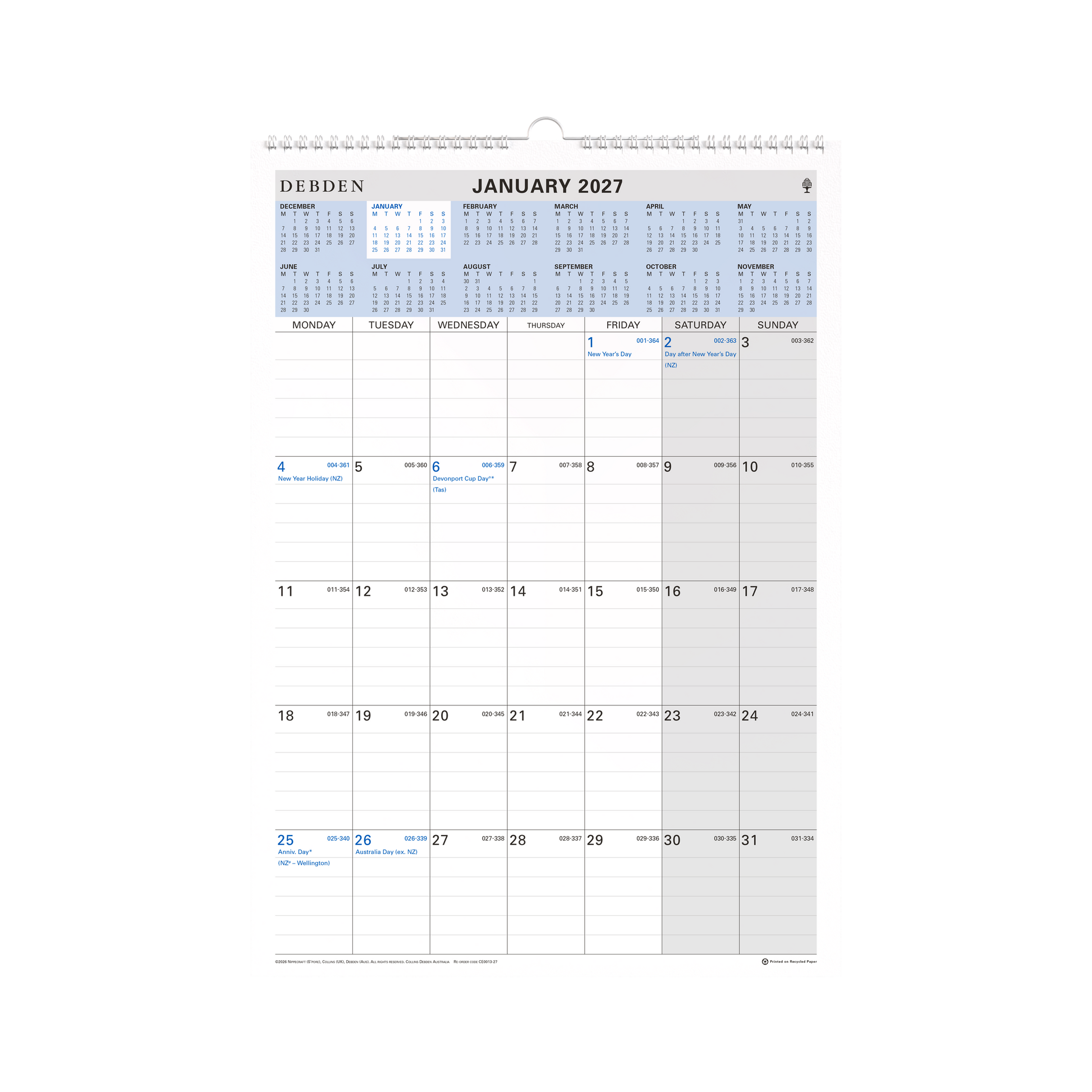 Collins 2027 Wiro Wall Calendar 300 x 432mm Month to View angled view