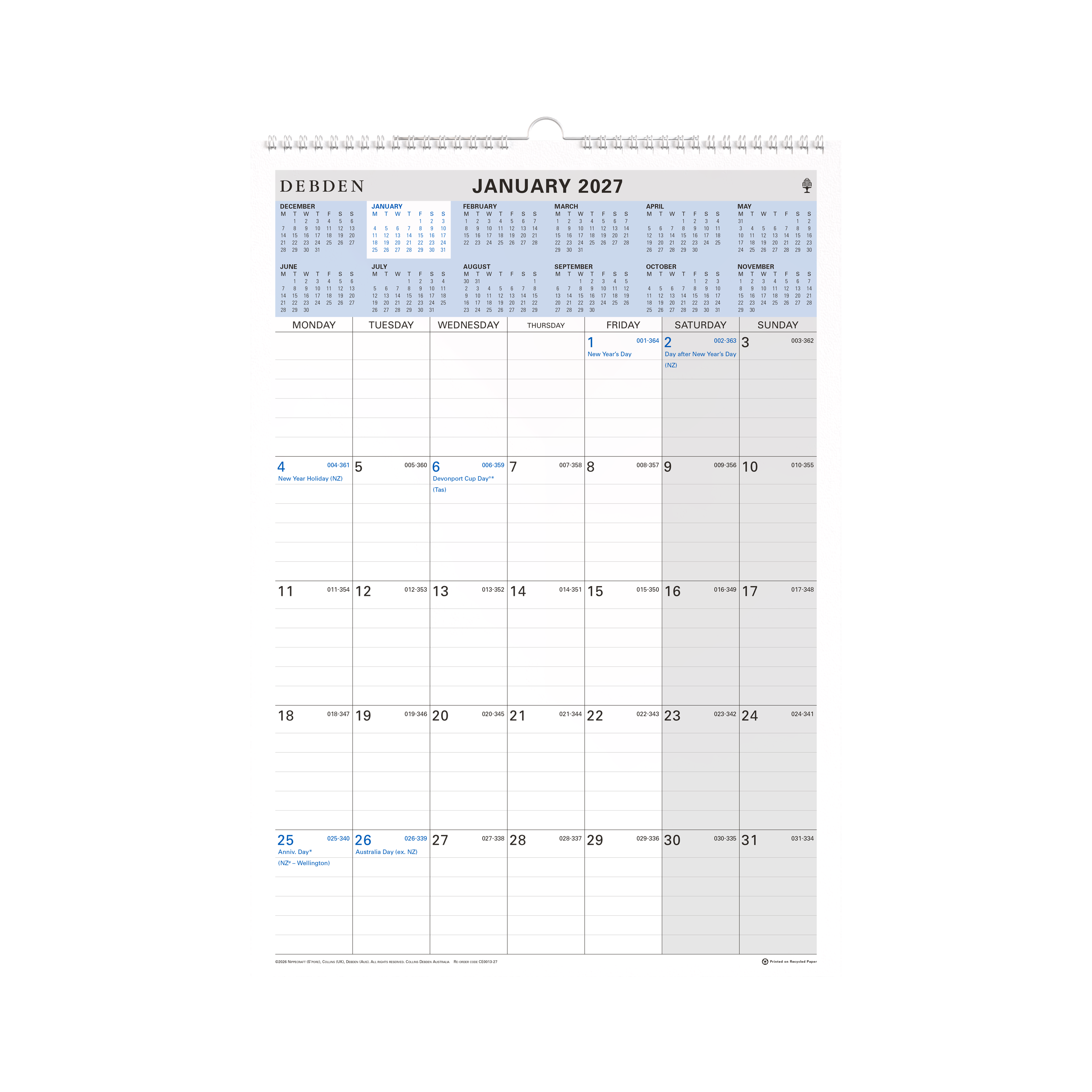 Collins 2027 Wiro Wall Calendar 300 x 432mm Month to View angled view
