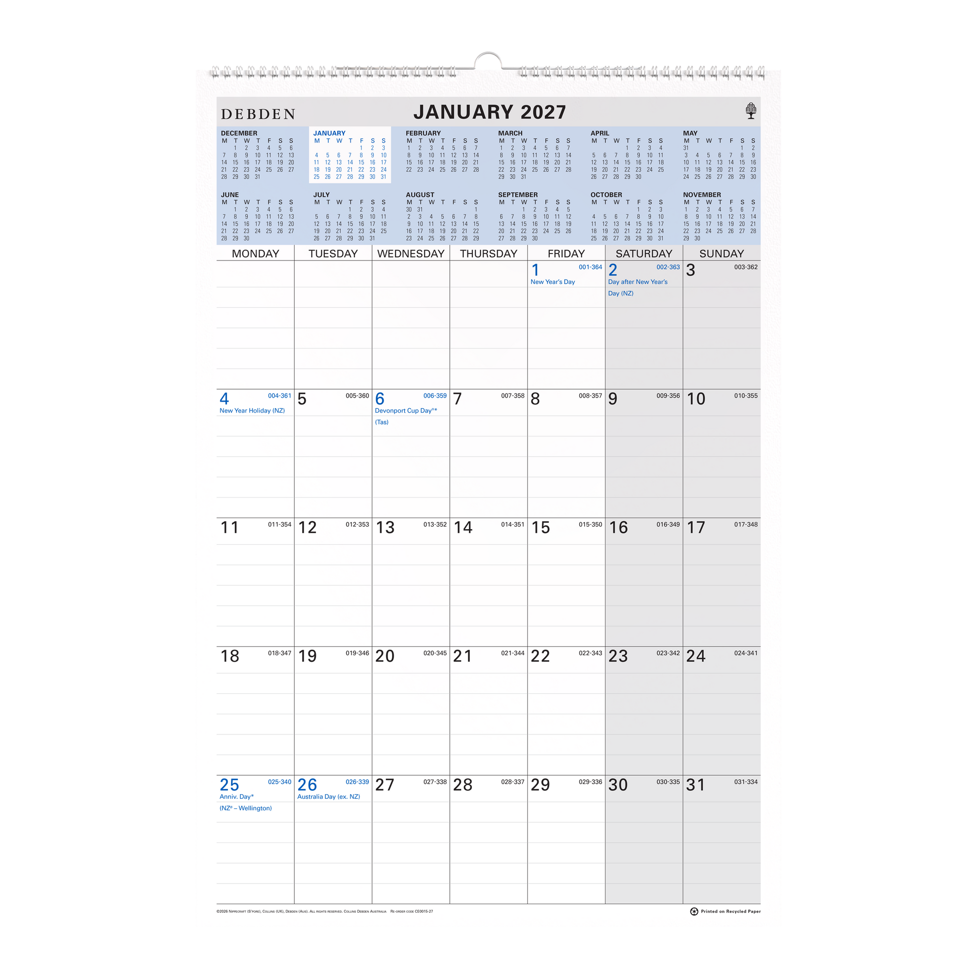 Collins 2027 Wiro Wall Calendar 394 x 577mm Month to View angled view