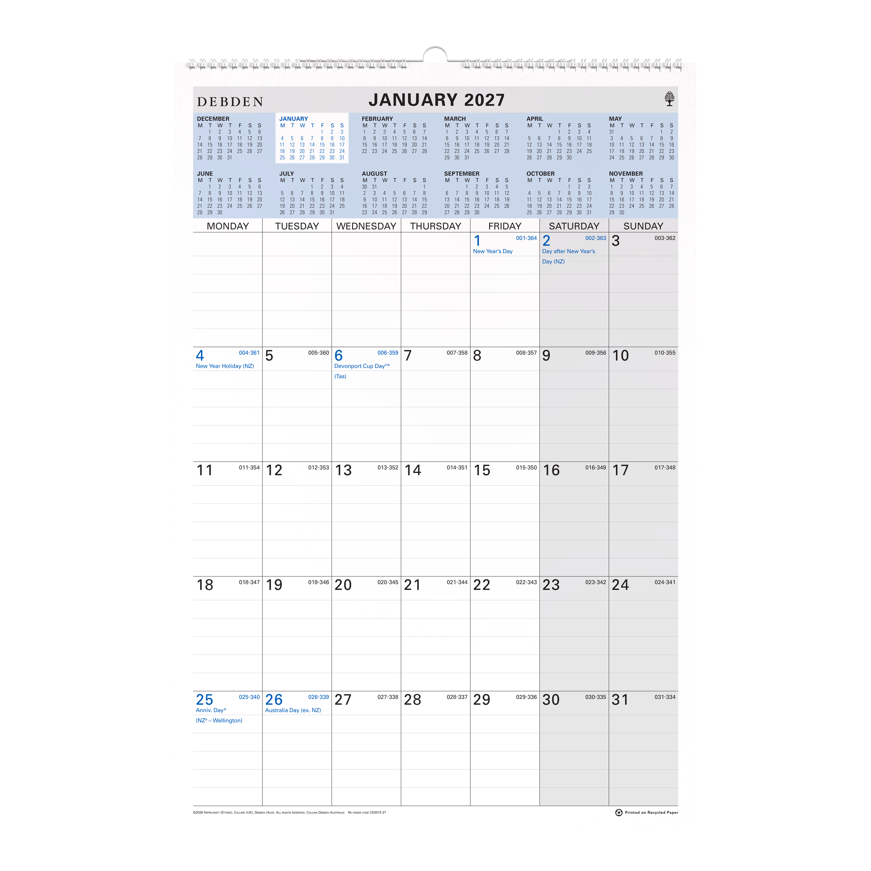 Collins 2027 Wiro Wall Calendar 394 x 577mm Month to View angled view