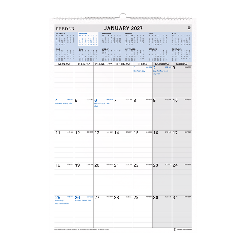 Collins 2027 Wiro Wall Calendar 394 x 577mm Month to View angled view