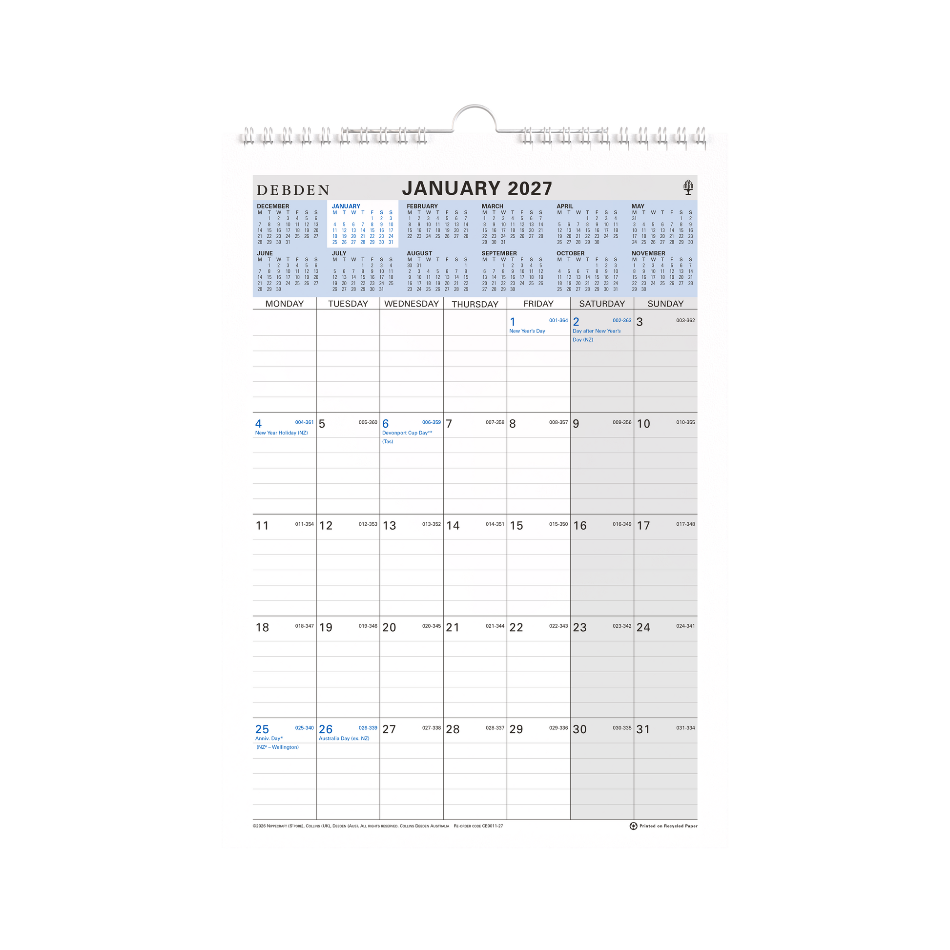 Collins 2027 A4 Wiro Wall Calendar Month to View angled view